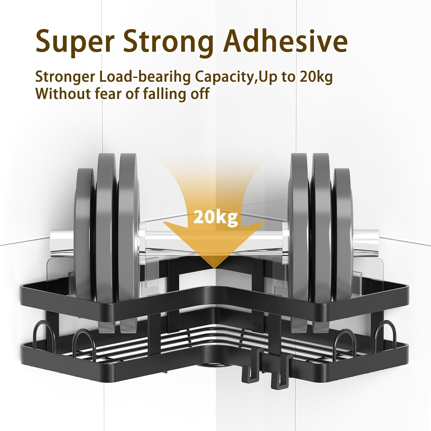 Gabeeriso Soap Holder Bathroom Shelf 2-In-1,Corner Shower Caddy,2 Pack Bathroom Shelves with 12 Hooks,Black Rust-Resistant Adhesive Shower Shelf No Drilling. (L-Shaped Black 2-Pack) image number 4