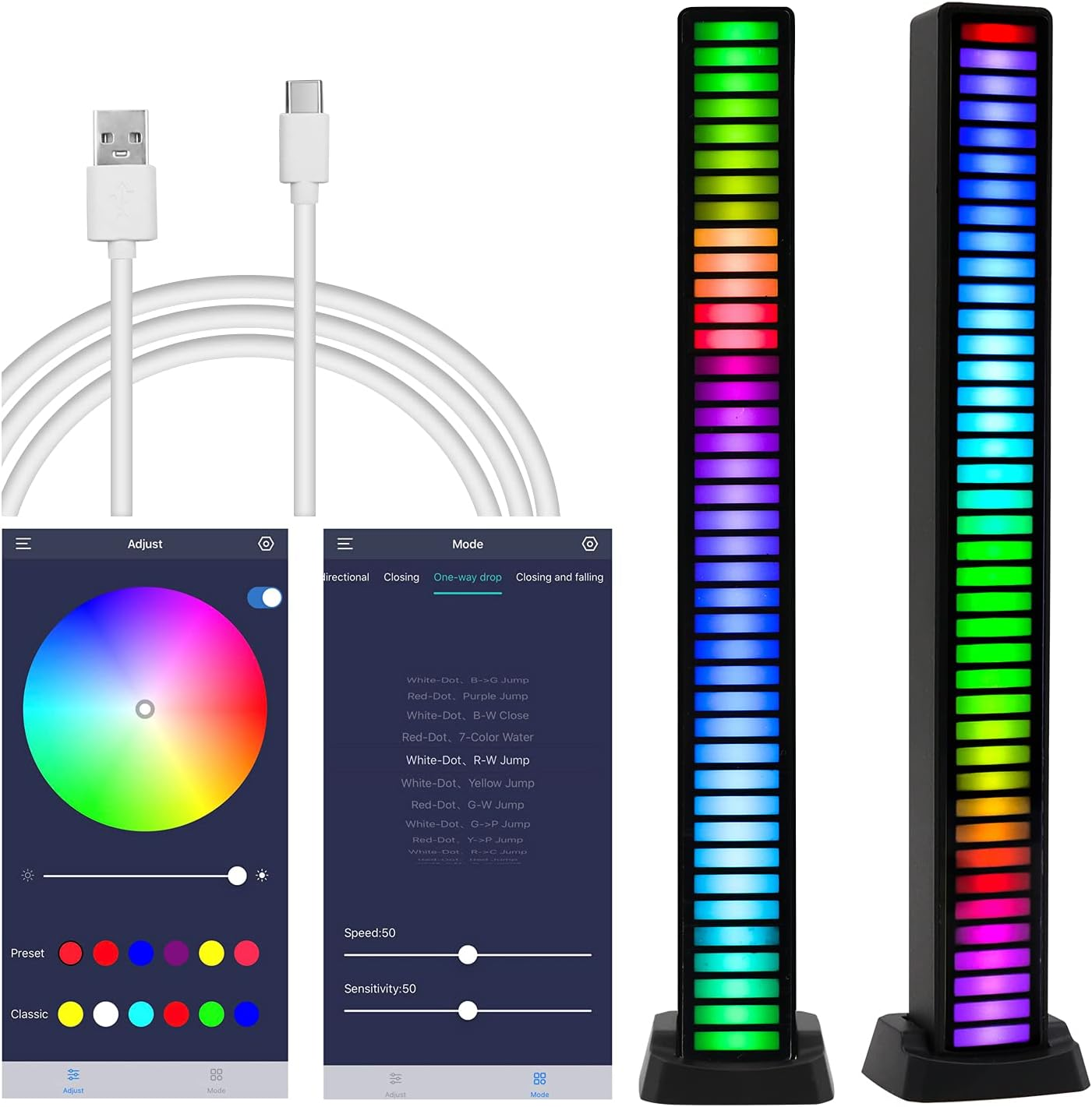 Smart RGB Light Bar, Voice Activated LED Light, AURTEC RGB Music Sync Light Bar, Upgraded 40 Bit Colorful Sound Pickup Ambient Lights with App Control, for Gaming, Car, PC, TV, Party and More. (2 Pack， Black)