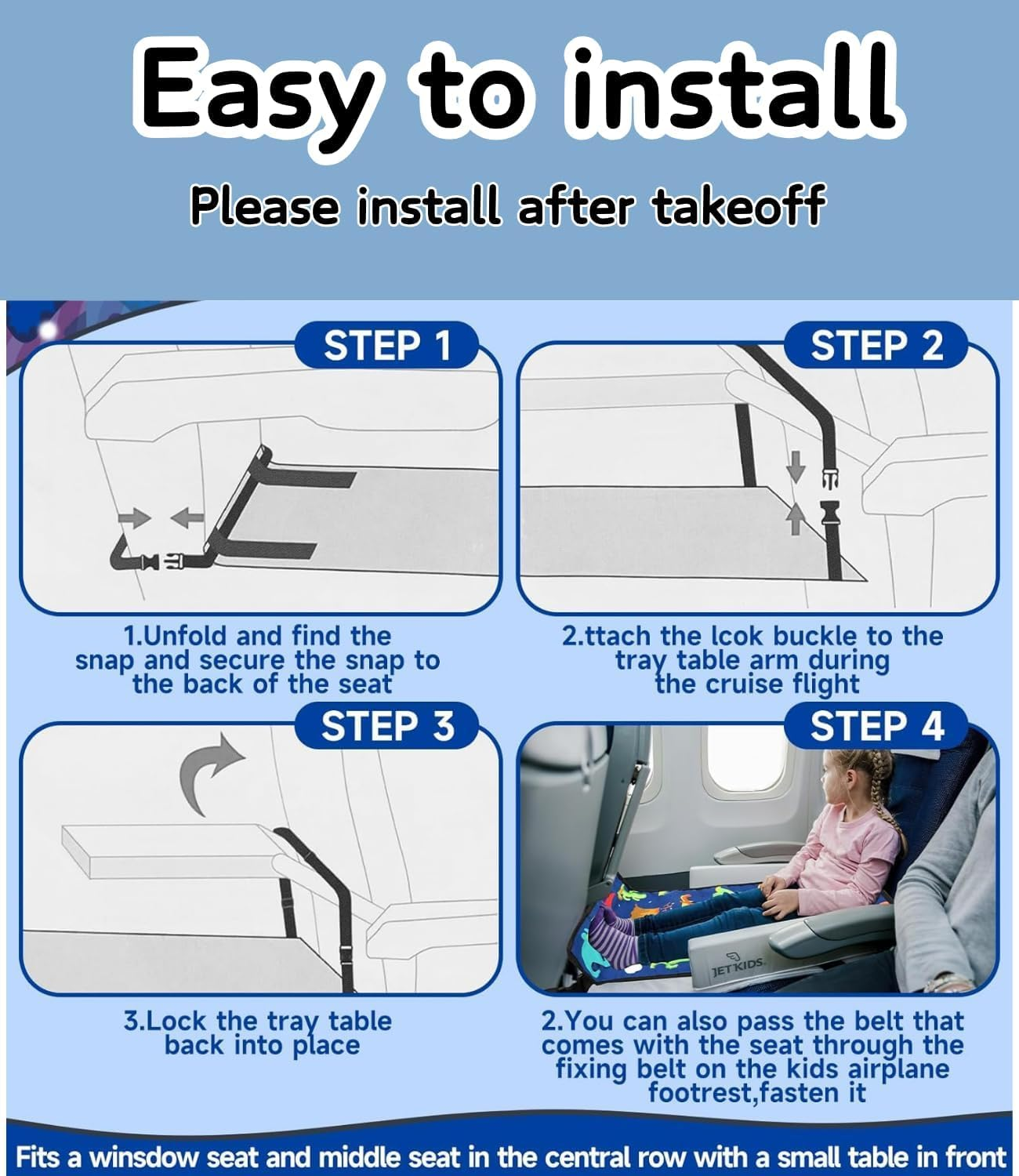 Airplane Travel Bed for Kids Foldable Airplane Bed For77*44Cm Airplane Seat Extender for Travel Waterproof Lightweight Airplane Foot Hammock for All Airplane Seats (Starry Blue) image number 4