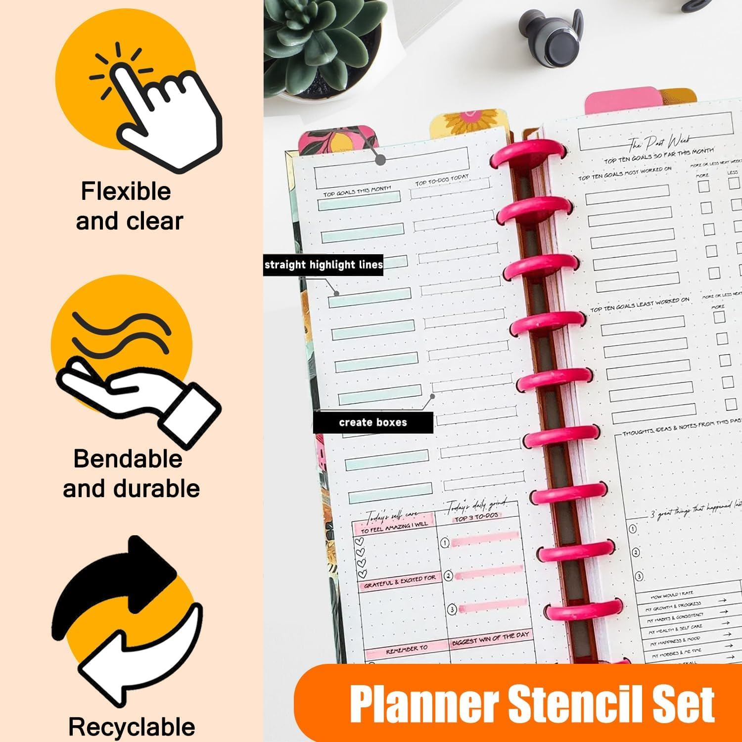 Afeamo Handmade Flexible Record Template, 3PCS Transparent Planner Stencils Set, Flexible Drawing and Checklist Templates, Tear Resistance Journal Stencils, for Dot Grid Journals image number 4