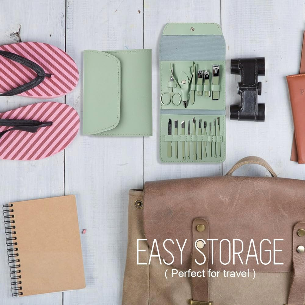 Manicure Set Professional Nail Clippers Pedicure Kit 16Pcs, Portable Stainless Steel Nail Kit Nail Clipper Set Manicure Set, Pedicure Kit Grooming Kit with Brown Leather Case for Men Women (Green) image number 2