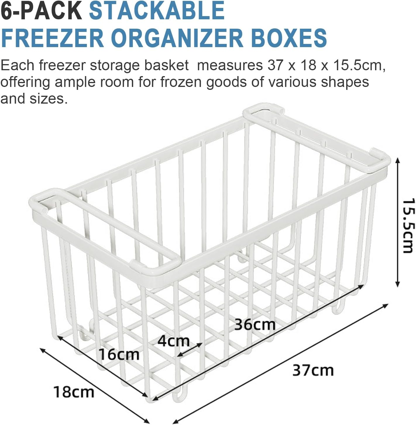 Freezer Organizer Bins, 6 Pack Stackable Deep Chest Freezer Organizer Bins with Folding Handles, Metal Freezer Storage Baskets, Ft Deep Freezer Storage, Increased Space for Food Storage (White) - Black image number 6