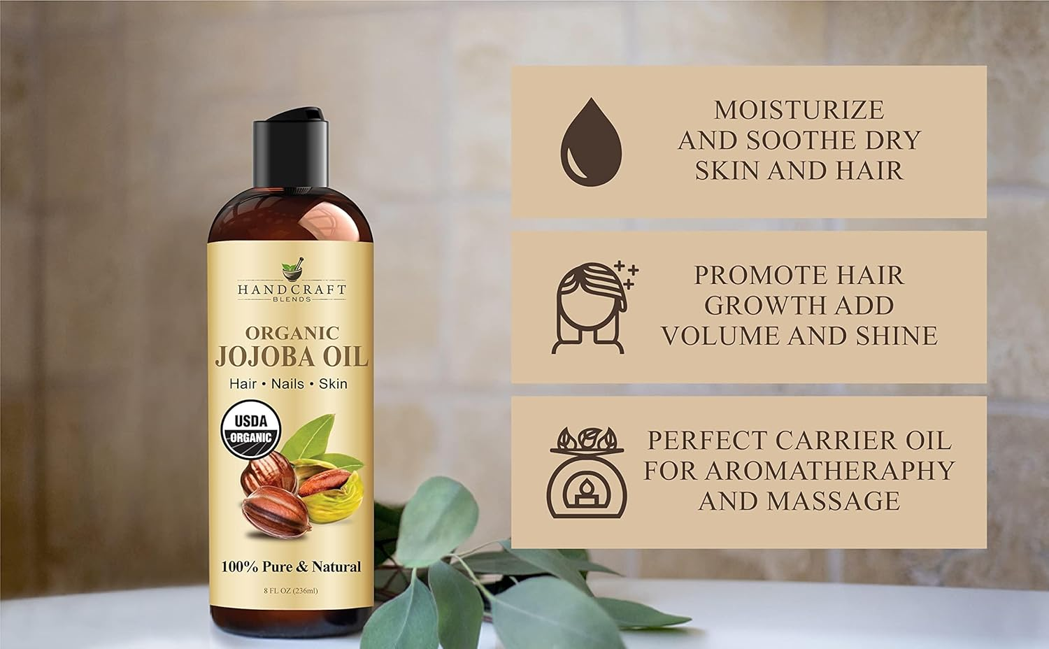 Handcraft Blends USDA Organic Jojoba Oil - Cold-Pressed 8 Fl Oz - 100% Pure and Natural - Premium Grade Carrier Oil for Skin and Hair - Hair and Body - Massage - Hexane-Free image number 1
