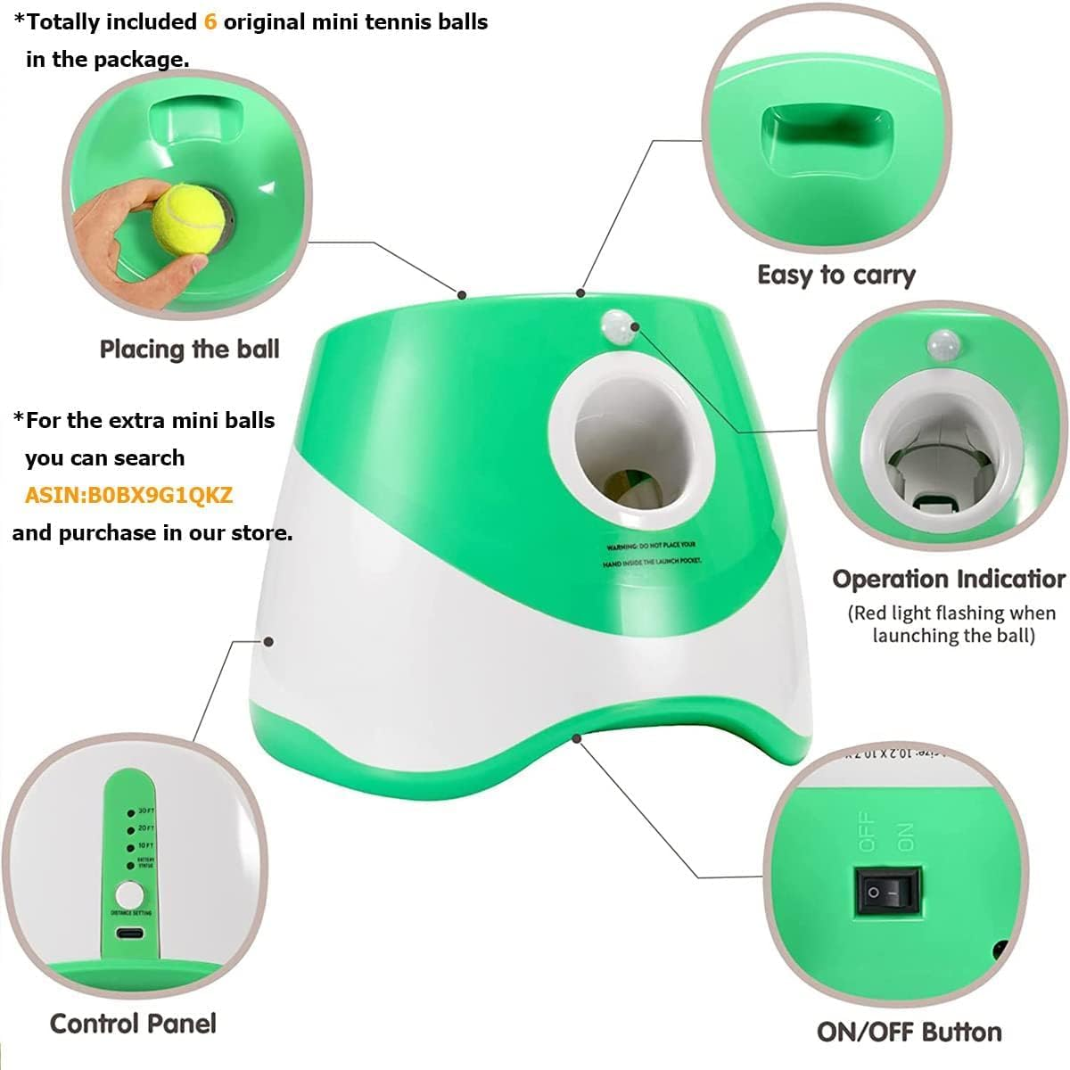 Automatic Dog Ball Launcher, Dog Ball Thrower with 6 Balls, 3 Adjustable Distance Settings,Dog Toy for Indoor and Outdoor (Green) image number 6