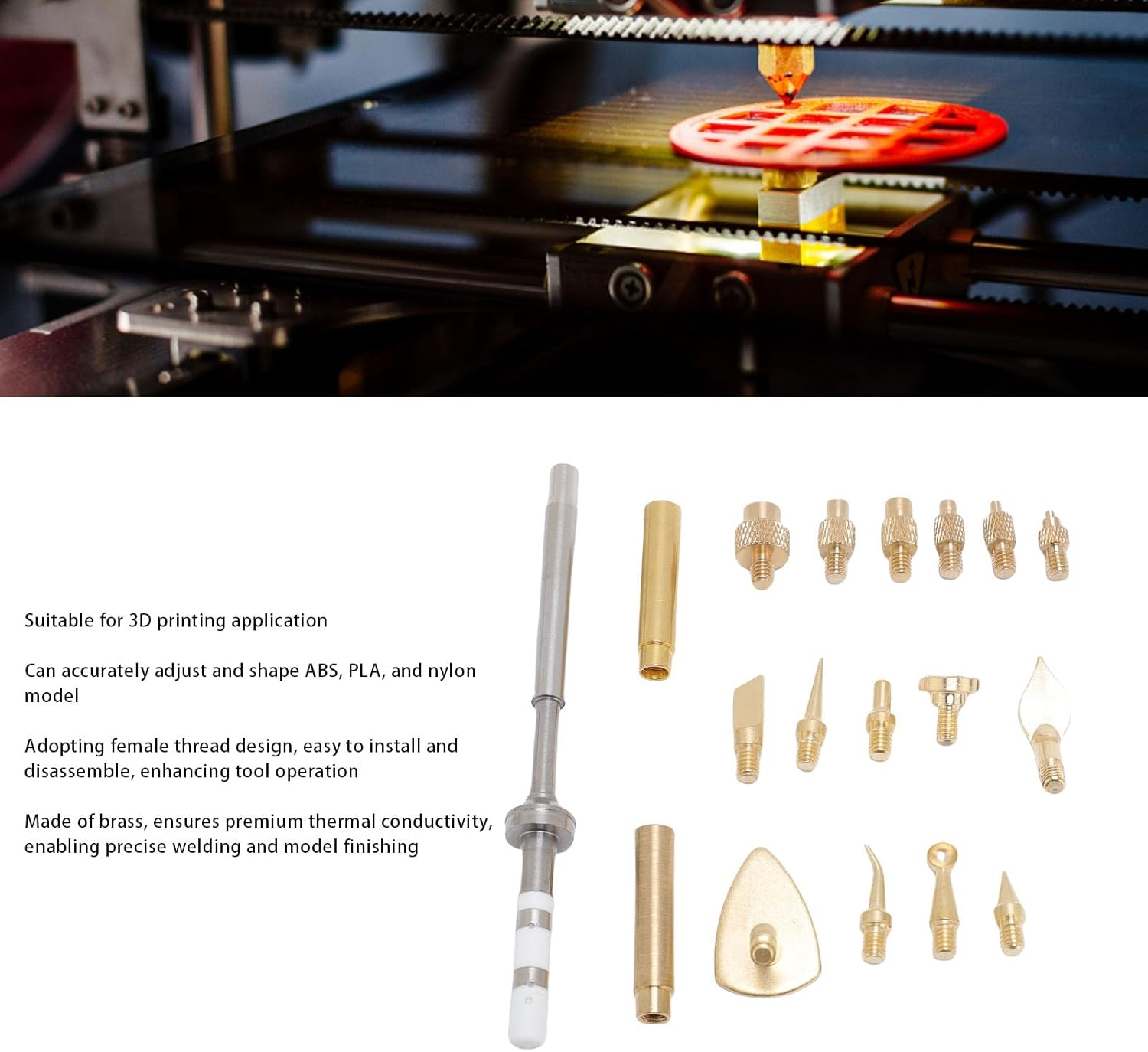 Heat Set Insert Tool, 18Pcs Brass Heat Insert Nut Iron Tip 3D Printing Modify Finishing Tool Set with Brass Trimming Head, Heat Press Machine Accessories image number 2