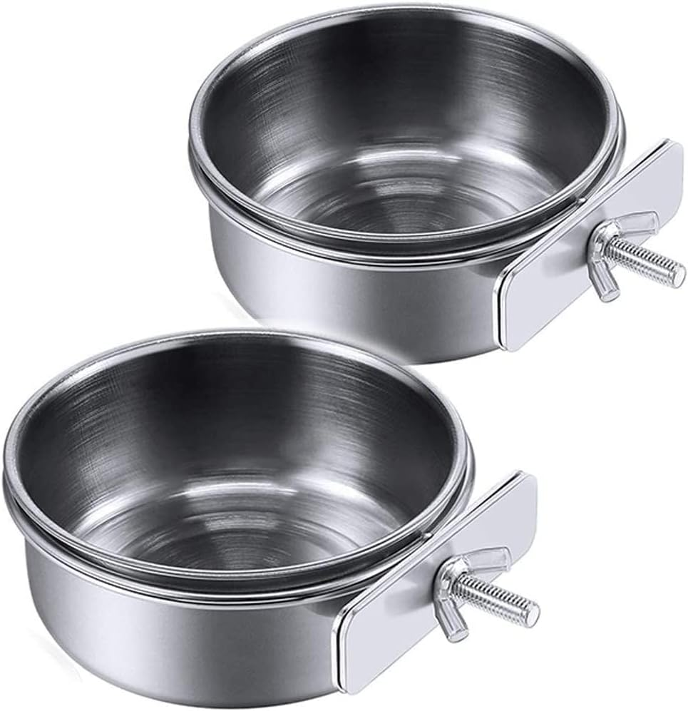 2 Pieces Stainless Steel Bird Bowl Food Bowl Feeding Cup Hanging Cage Feeder for Seeds for Bird Parrots (10 Cm)