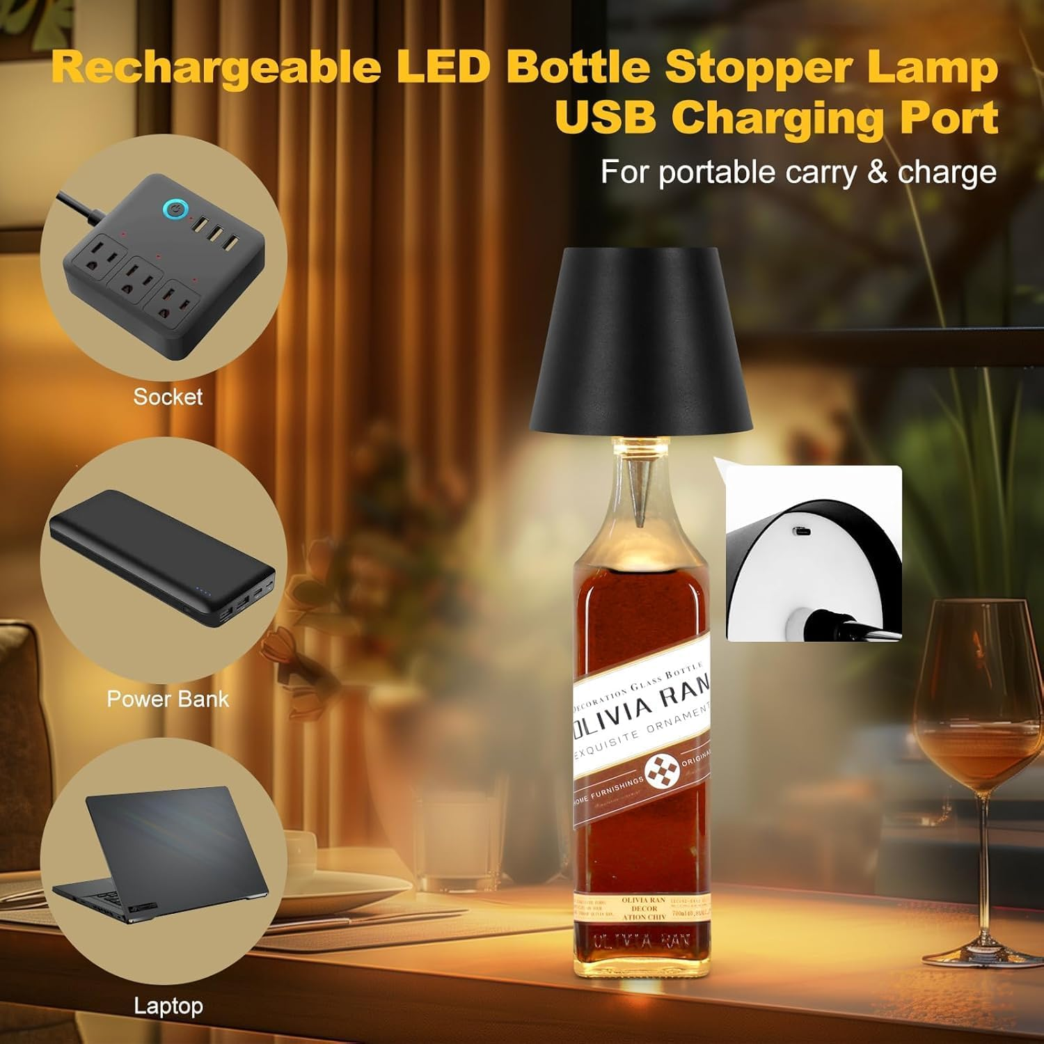Wireless Bottle Lamp 2000Mah, Touch Table Light with 3 Color Stepless Dimming, Rechargeable Atmosphere Touch Lamp for Bars, Cafes, Restaurants, Bedrooms, Outdoor Environments (Black, 1Pcs) image number 6