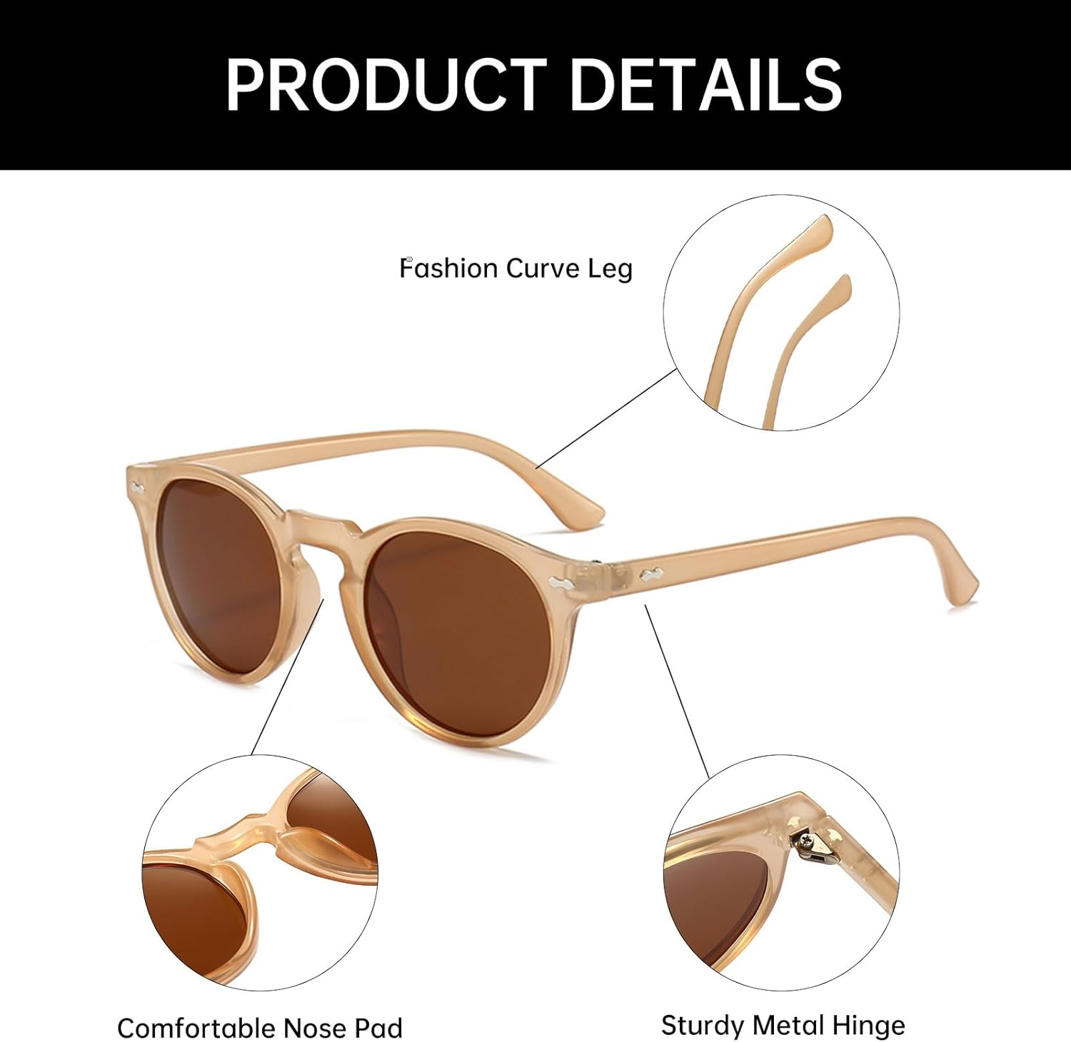 GNOLONG Polarized round Sunglasses for Women Men Vintage Retro Small Oval Polarized 90S Sunglasses UV400 Protection - Brown/Brown image number 2
