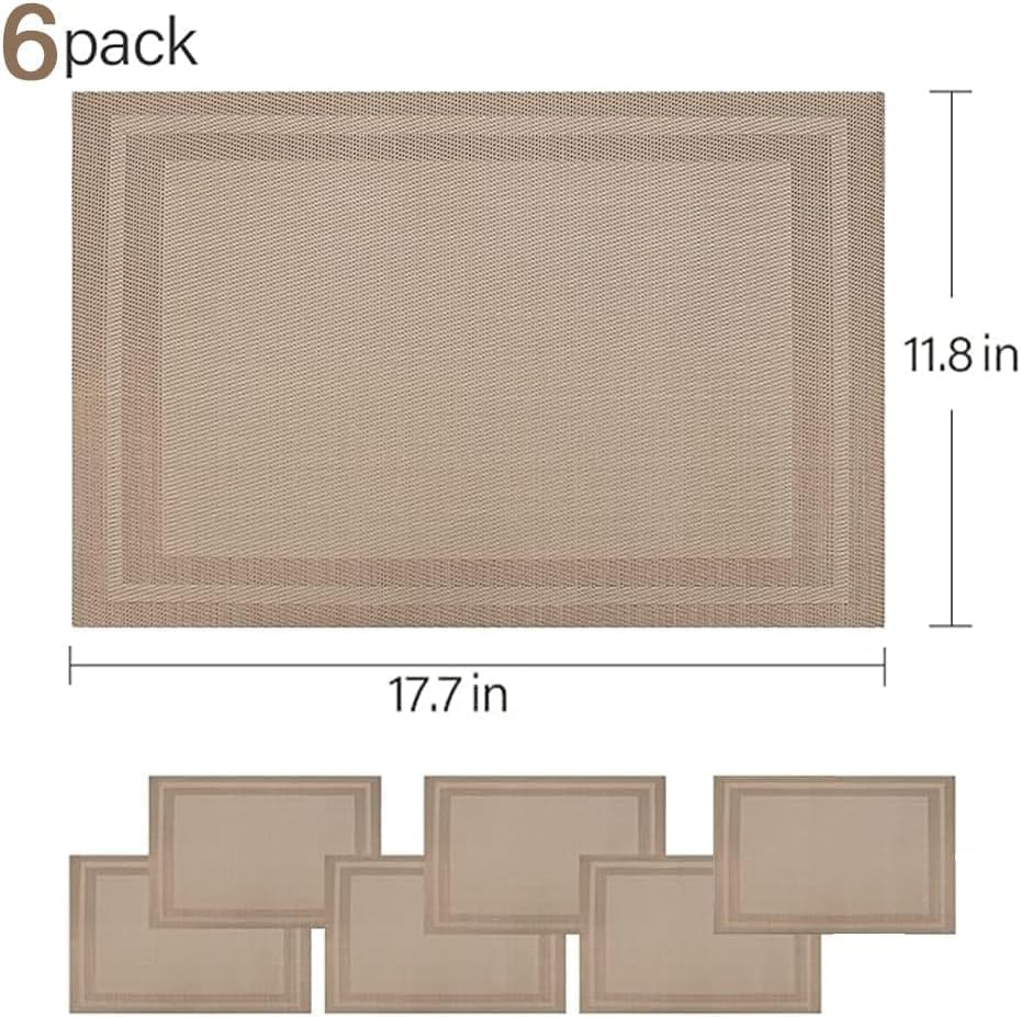 6 Piece Placemats, 11.8 X 13.7 Inches Non-Slip Crossweave Woven Vinyl Insulation Place Mat, Waterproof Washable Kitchen Table Mats for Restaurants Party Decoration (Champagne) image number 1