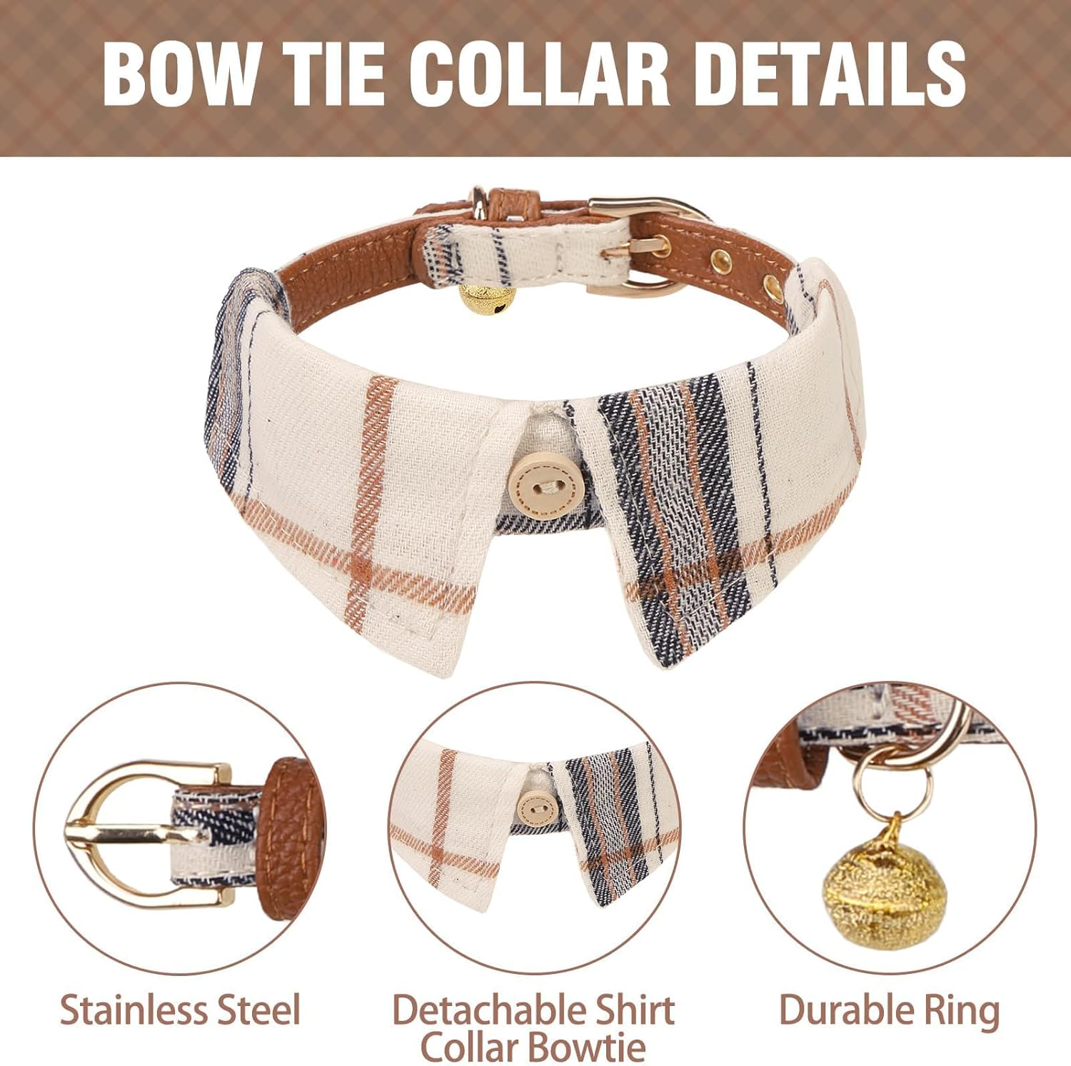 KOOLTAIL Small Dog Collar and Leash Set with Bowtie and Bells - Puppy Collar and Leash for Female/Male with Classic Plaid Matching Pattern, Soft Leather Leashes for Small Dogs Boys Girls, Shirt Plaid