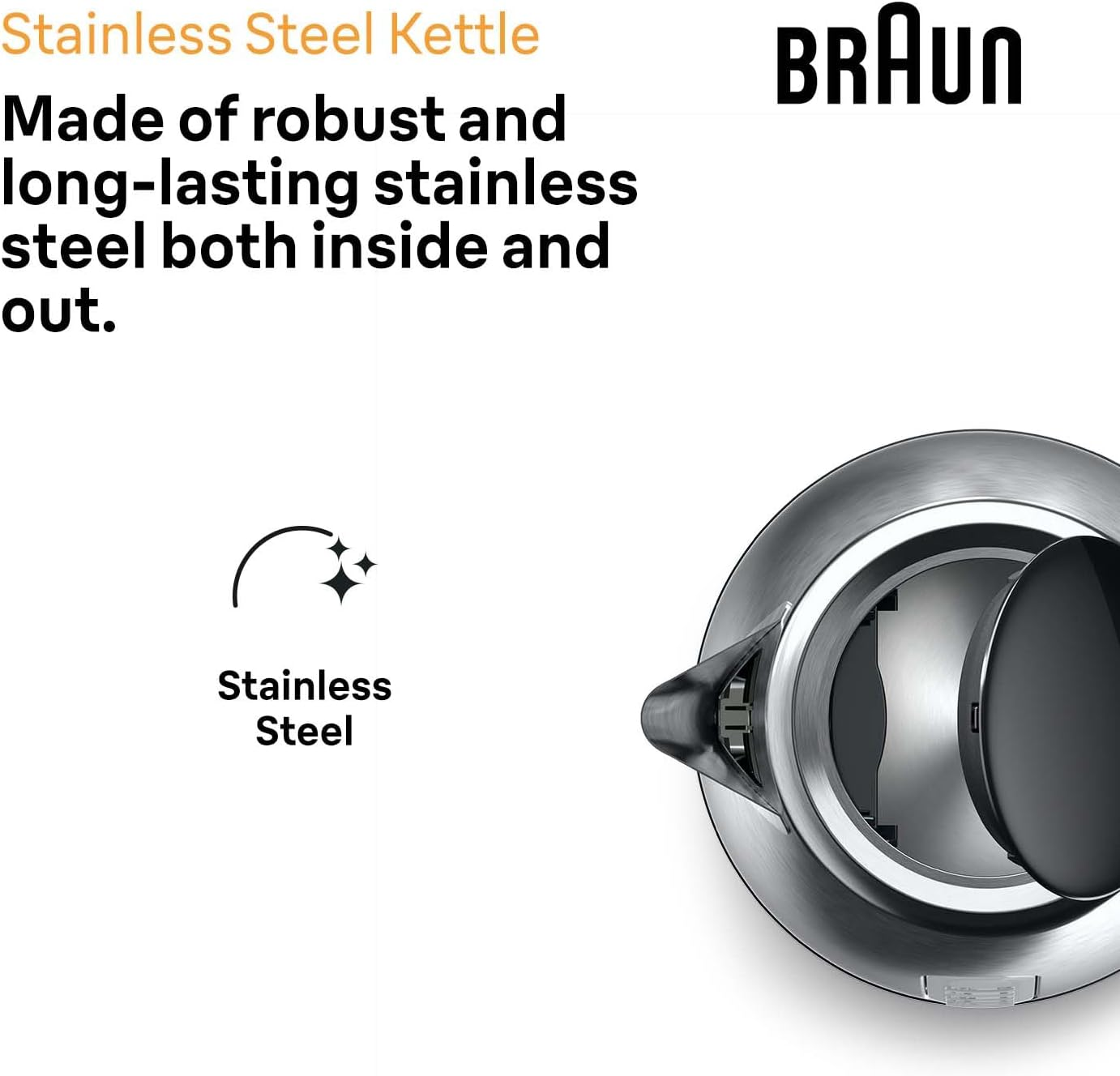 Braun Household Purshine WK1500BK, Electric Kettle with 360&deg; Rotating Base, Water Level Indicator, Cable Storage, Auto Shut-Off Function, 1.7L Capacity, 2200W, Black - White image number 7