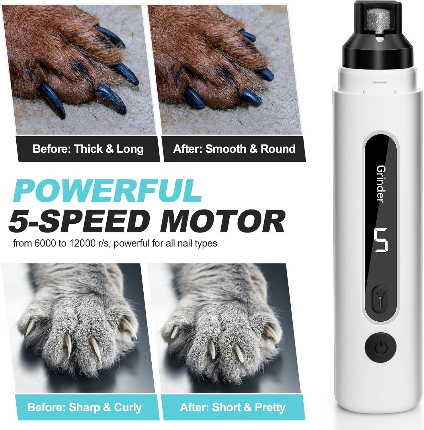 Pet Nail Grinder &ndash; 5-Speed Electric Nail Trimmer with LED Quick Detection, Quiet, Rechargeable, Low Vibration, for Small to Large Dogs & Cats image number 2