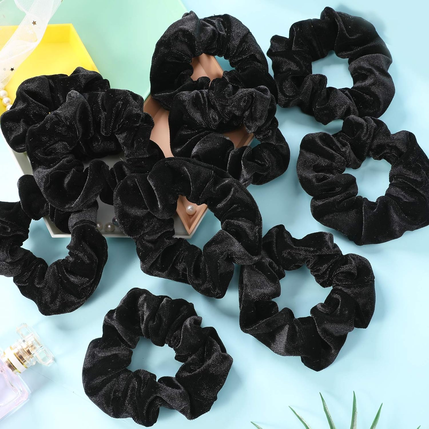 IVARYSS Scrunchies for Women, 12 Pcs Black Velvet Scrunchies for Hair, Soft Ponytail Holder for Girls, Classic Elastic Hair Bands image number 3
