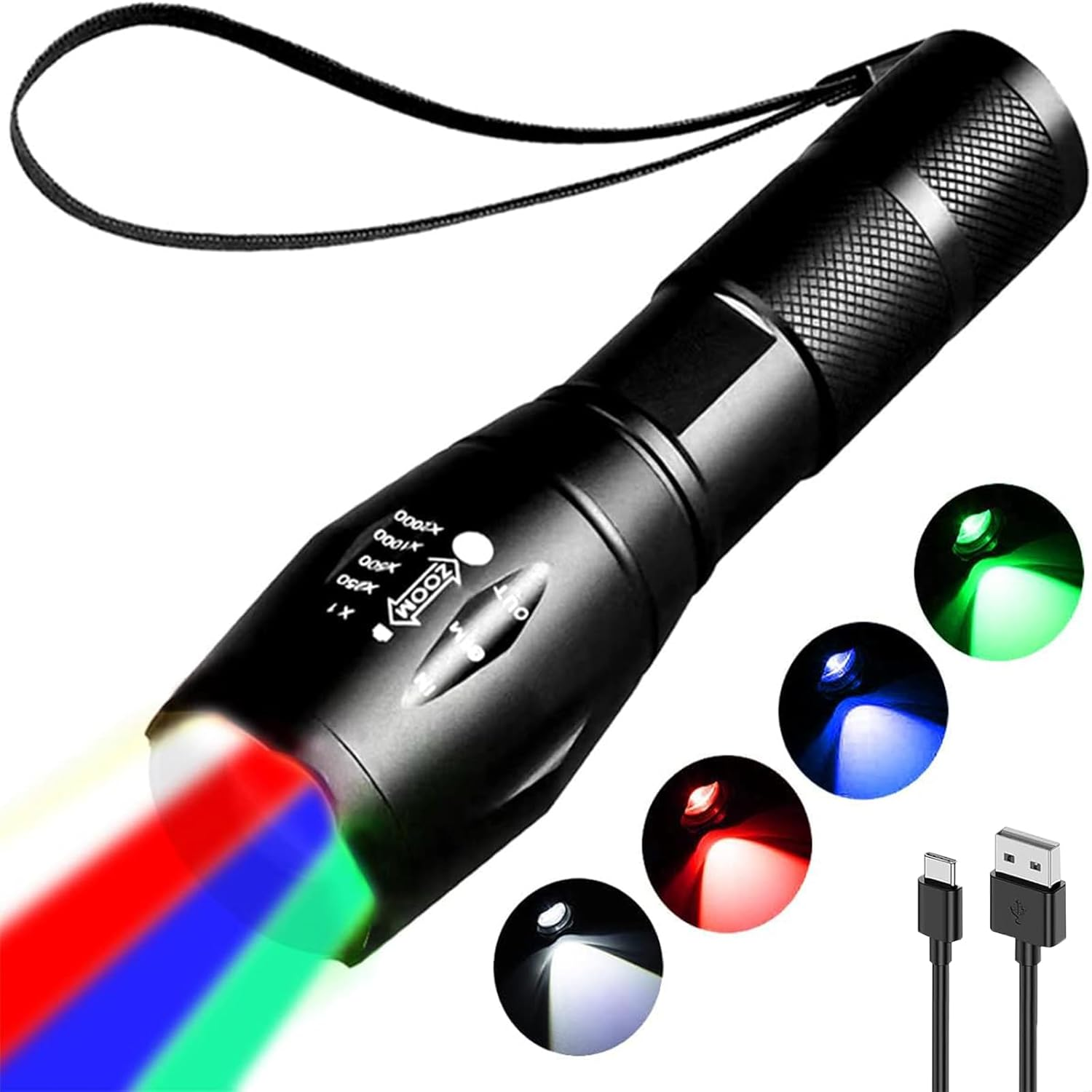 MODOAO 4 in 1 LED Flashlight Rechargeable Red Green Blue White Light Flashlight 4 Modes for Photography Fill Light Zoomable Waterproof Multicolor for Fishing Camping Hiking image number 1