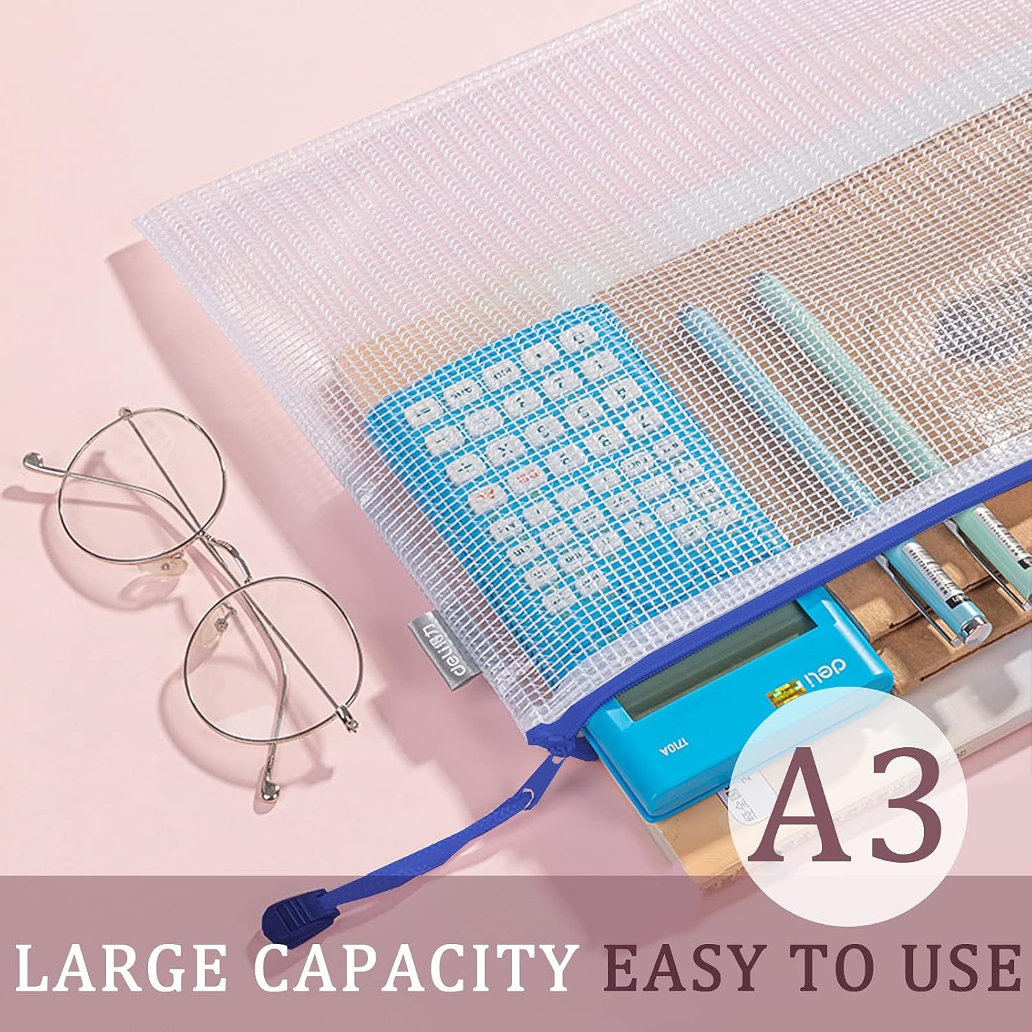 Pack of 10 Mesh Document Bag A3 Size Durable Plastic Zipper File Wallet Rope Hook Design for Paperwork Documents A3 Document Wallet image number 3