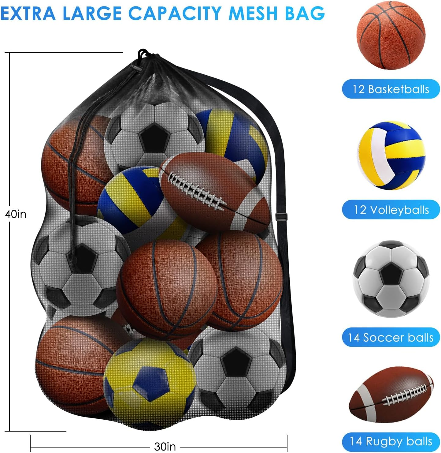 BROTOU Extra Large Sports Ball Bag Mesh, Basketball Bags Team Balls, Adjustable Shoulder Strap, Team Work Ball Bags for Holding Soccer, Football, Volleyball, Swimming Gear (30&rdquo; X 40&rdquo;) image number 1