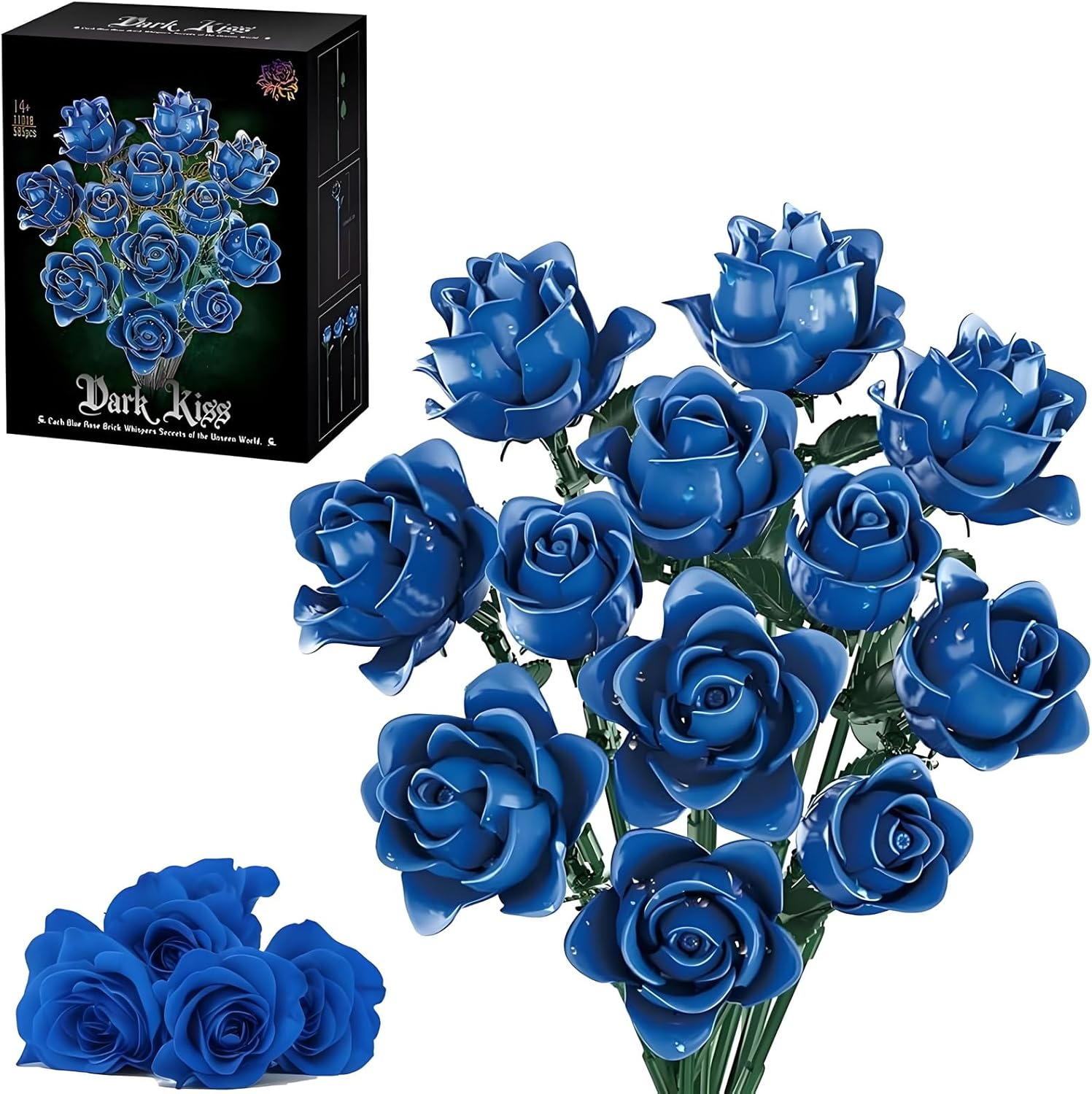 Blue Roses Bouquet Building Set for Adults, Artificial Flower Indoor Plant for Table Display, Office or Home Decor, Gothic Botanical Collection Gifts for Mother'S Day, Valentines, Chrismas(585Pcs) image number 1