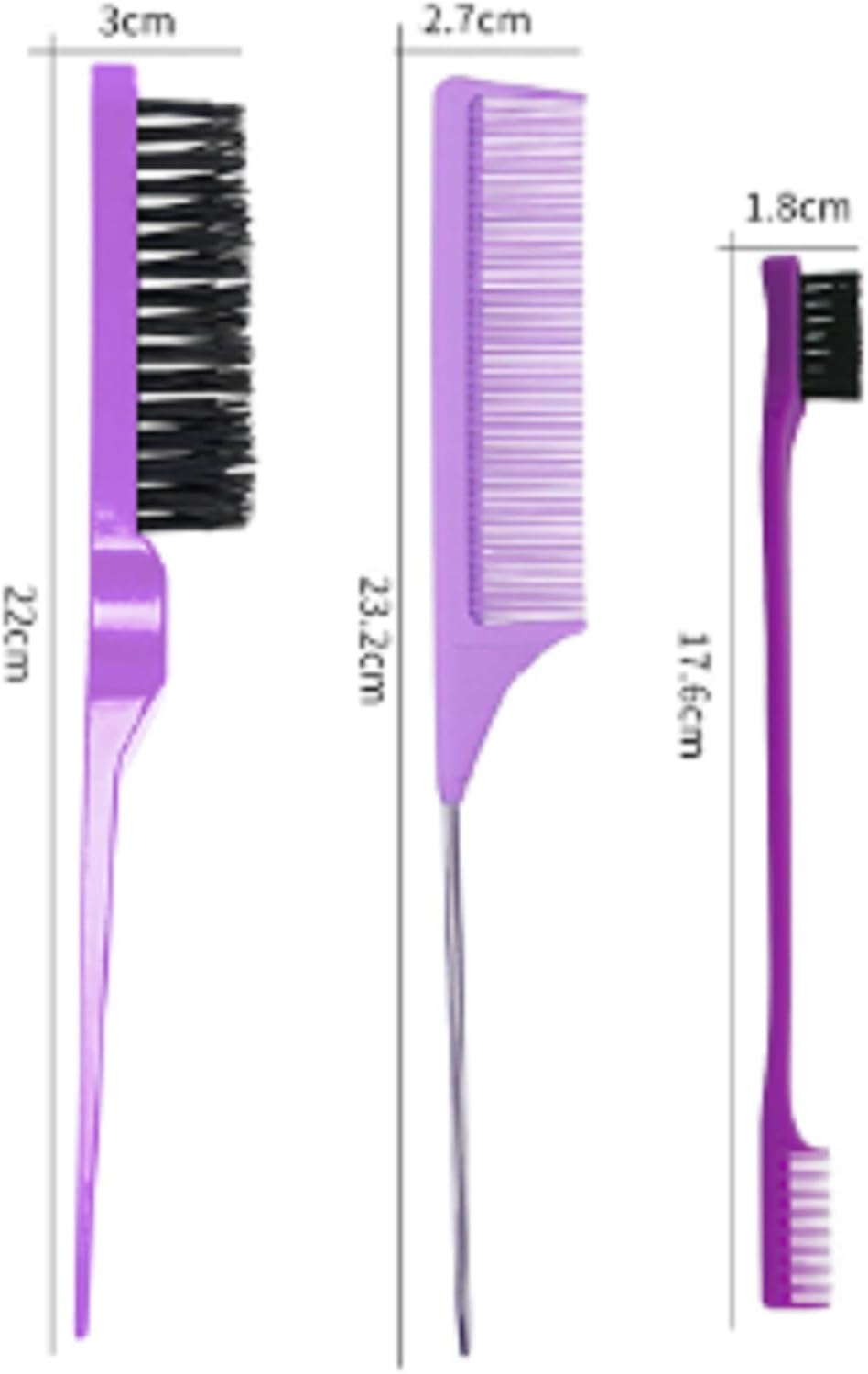 Slick Back Hair Brush, Comb Set, Purple Comb,3 Pcs，Slick Back Brush with Edge Brush, Styling Comb for Kids for Middle Part，Rat Tail Comb, Teasing Brush Set for Smoothing Brush Baby Hair image number 2