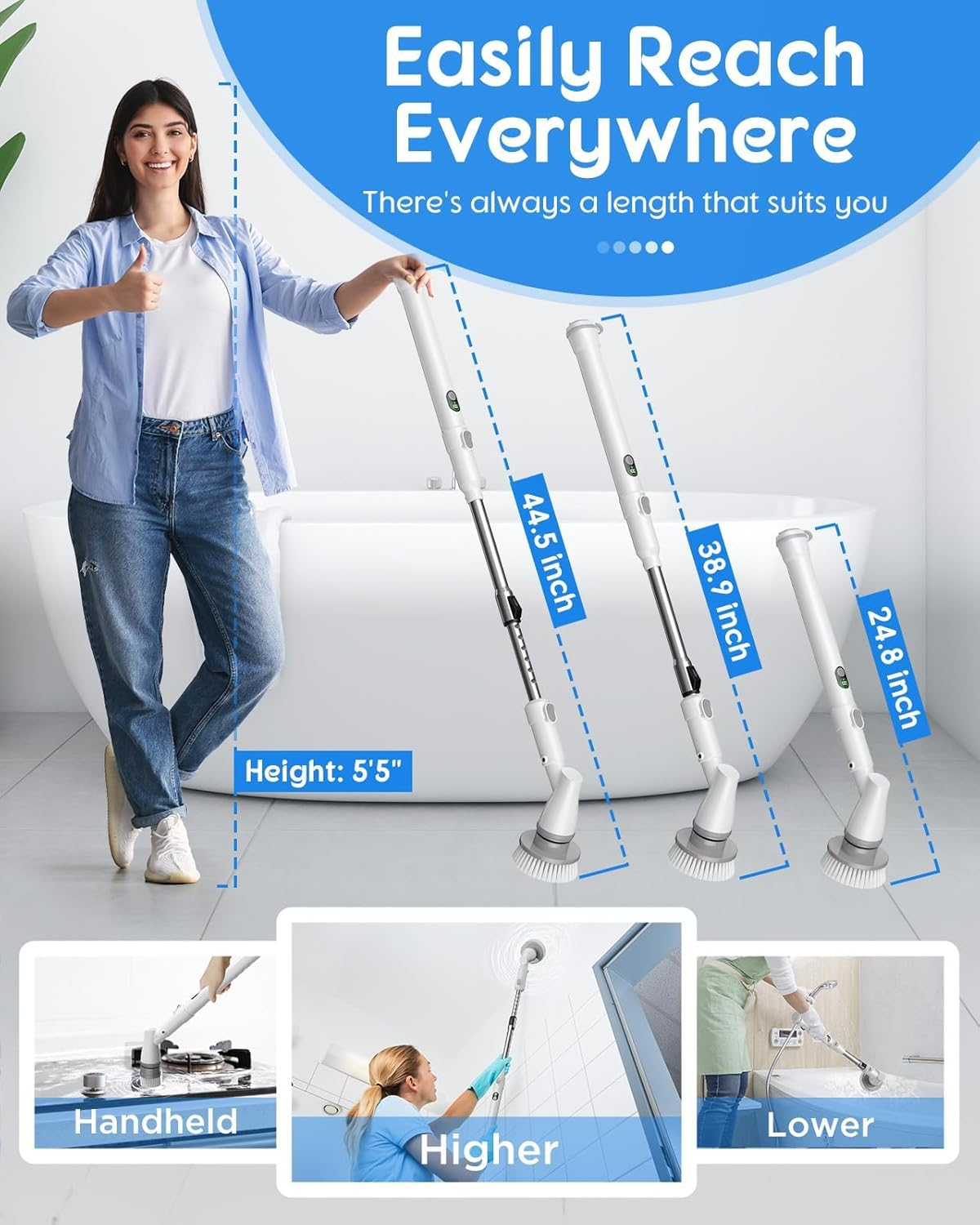 Electric Spin Scrubber with Battery Power Display, Fast-Charging Cordless Shower Scrubber with Long Handle, 4 Replaceable Brush Head, 1.5H & 2 Speeds Electric Scrubber (White) image number 3