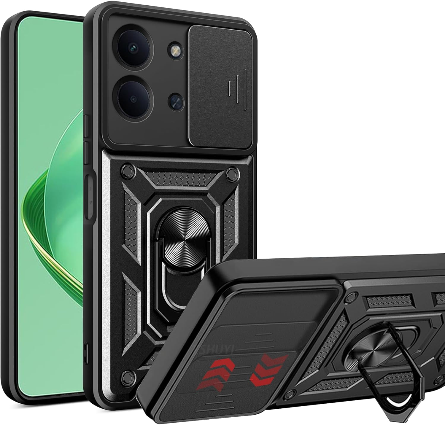 ESHUYI Case for Xiaomi Redmi 15C (4G/5G) with Slide Camera Cover [Camera Protection] [Ring Stand] [Case Compatible with Magnetic Car Mount] Shockproof Mobile Phone Case, Black