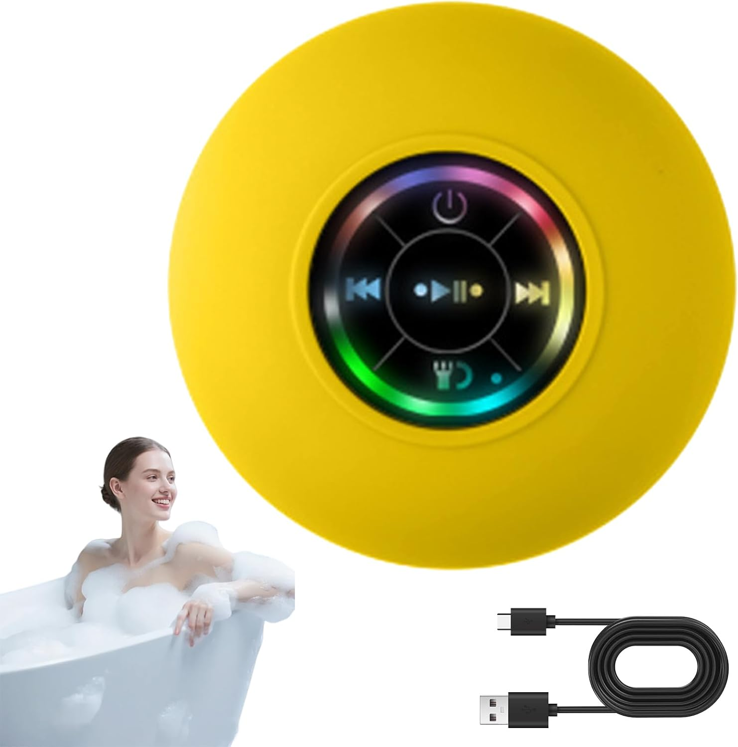 Mini Bluetooth Waterproof Speaker with LED Light, Waterproof Mini Bluetooth Shower Speaker, Portable Wireless Shower Speakers with Mic & Suction Cup, IPX4 for Bathroom (Yellow) - Blue image number 3