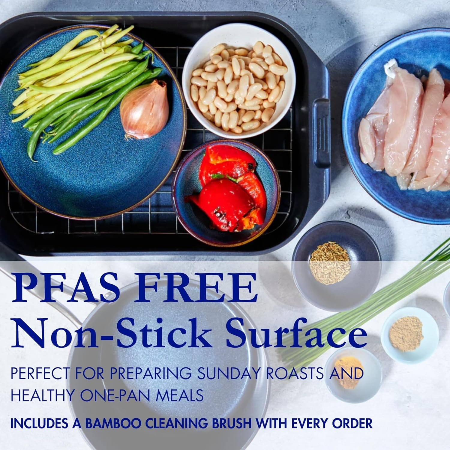 Blu. Cookware 34X24 Roaster with Lid, Roasting Rack - Toxin-Free, Durable Non-Stick Ceramic, Recycled Aluminium, Pfa/Pfoa-Free Roasting Pan Suitable for All Hobs, Includes Bamboo Cleaning Brush image number 4