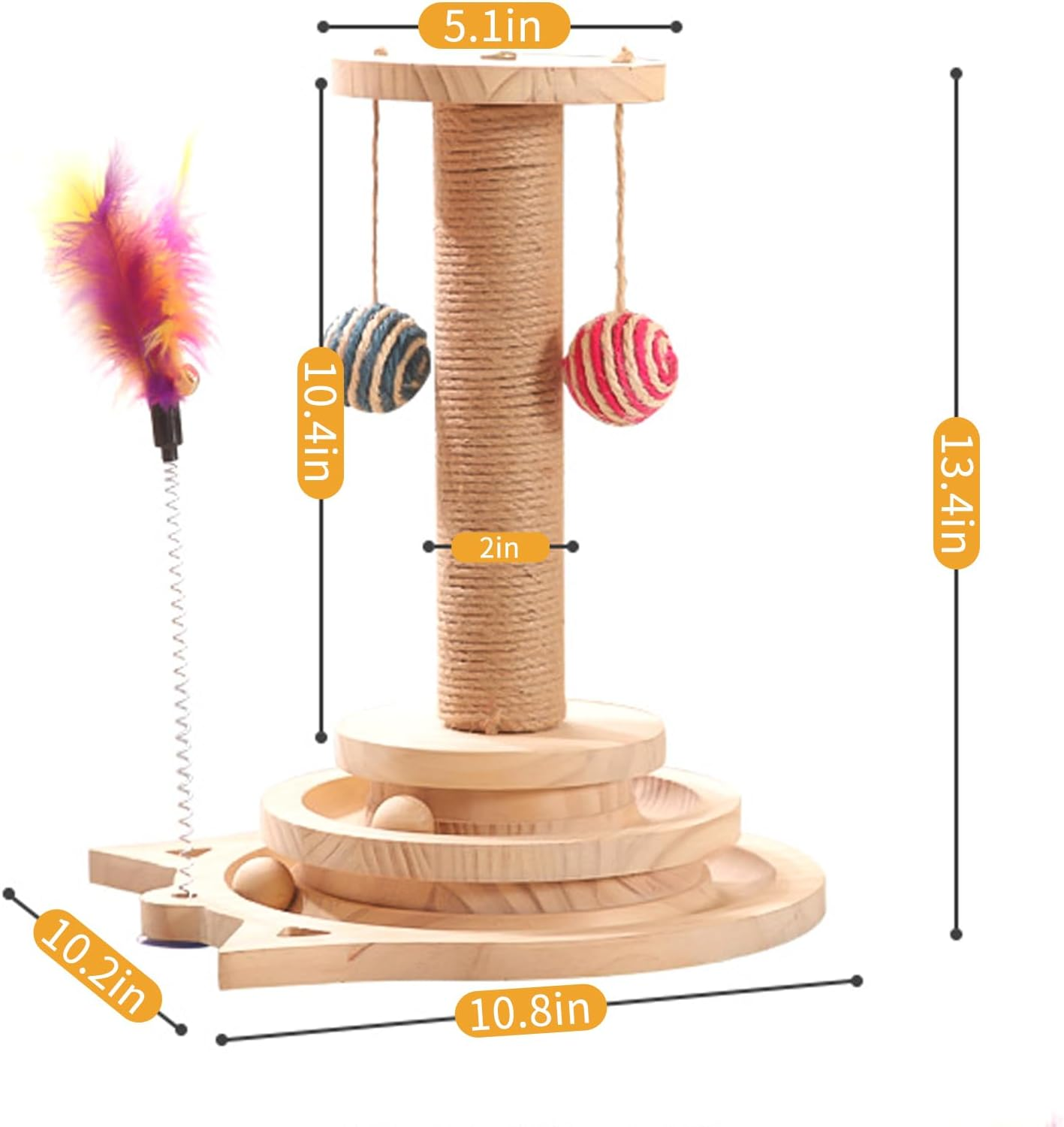 Cat Toy, Wooden Roller Cat Interactive Toy, Rotating Plate, Scratching Post with Hanging Balls & Feather, Interactive Cat Toy for Small Medium Cats to Play image number 4