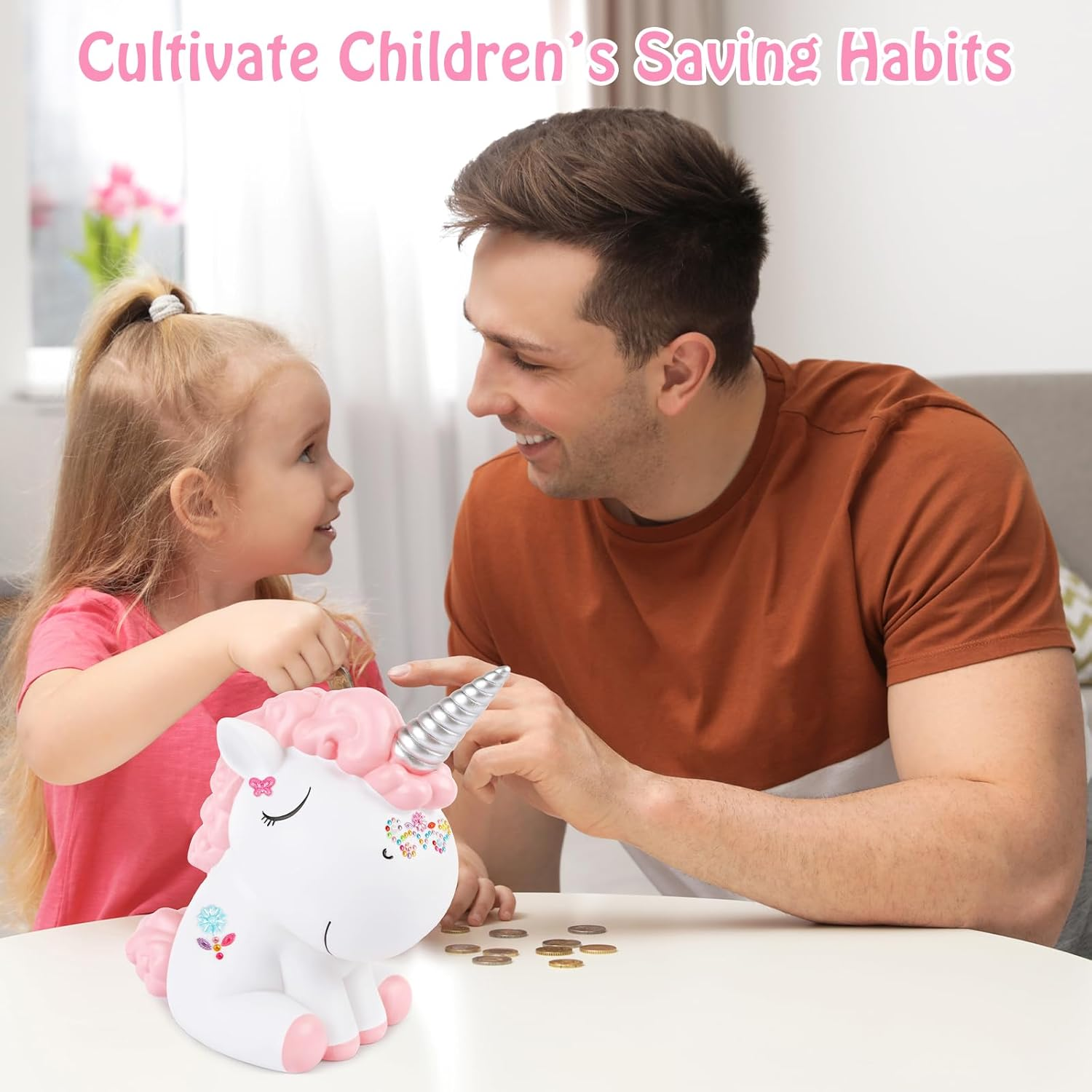 Unicorn Piggy Bank Girls, Briuhap Unbreakable Resin Money Coin Bank, Cute Kids Piggy Bank with DIY Alphabet & Rhinestone Stickers, Great Gifts for Birthday, Christmas, Baby Shower image number 3