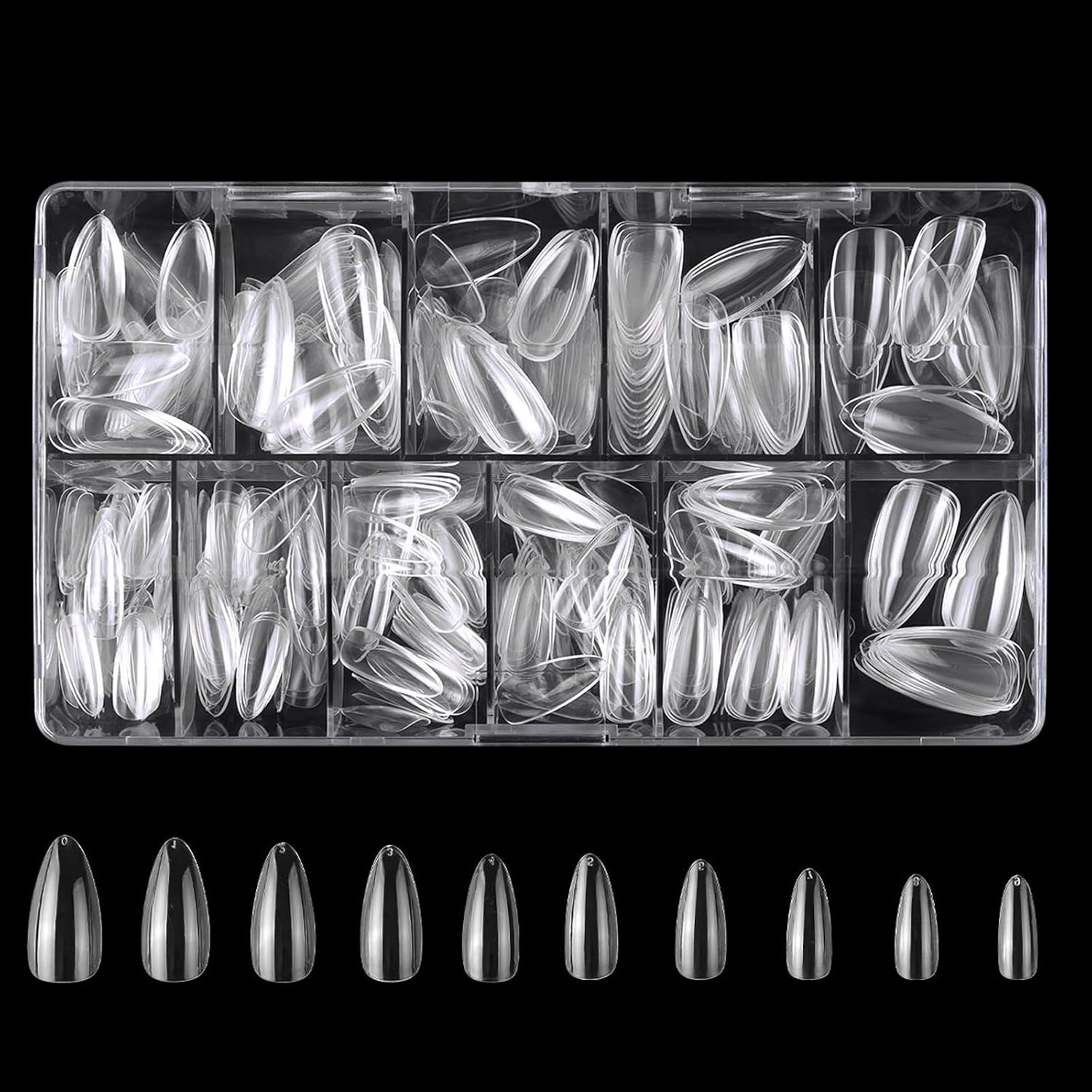 Taoluwin 500Pcs Clear Nail Tips, 10 Sizes Full Cover False Nails, Press on Gel Nail Tips, Reusable False Nail Kit for DIY Extensions, Acrylic & Nail Art (Long Teardrop Shape, Long)