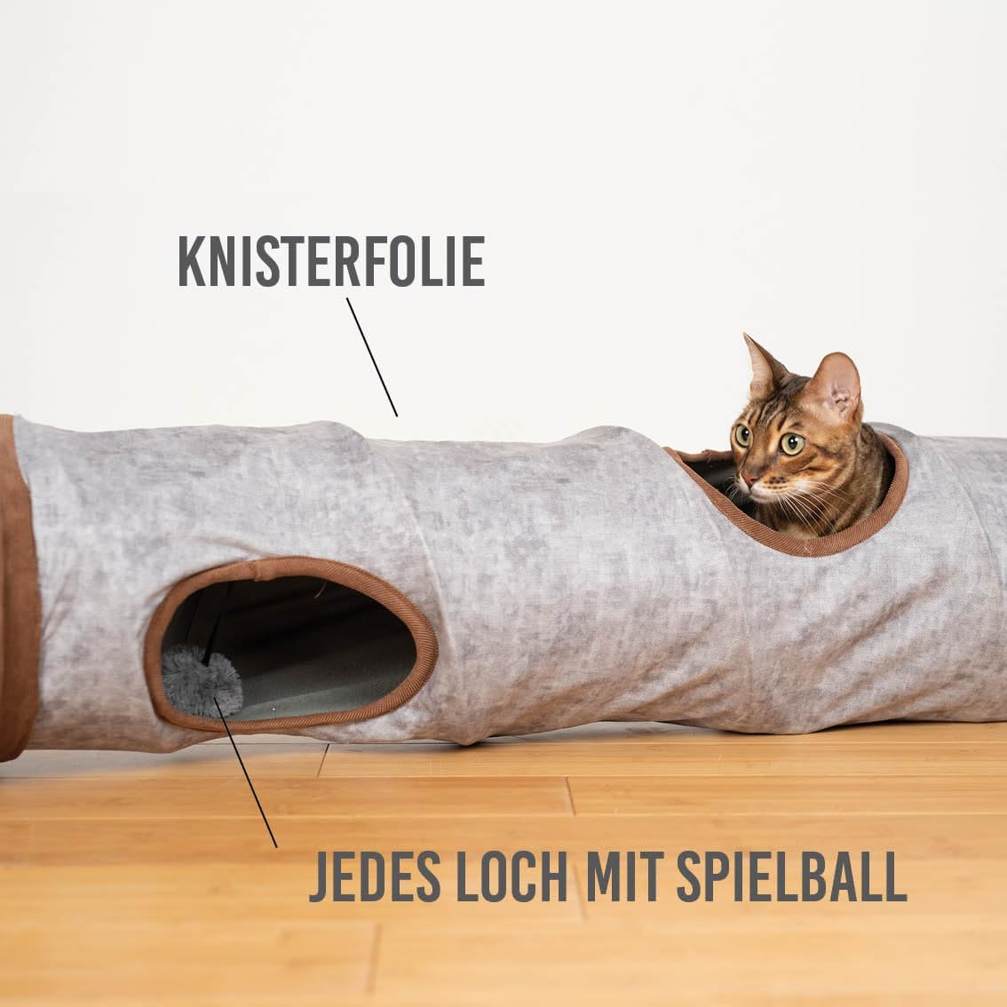 Karaluna Premium Cat Tunnel 120 X 24 Cm I 3 Peep-Holes & Play Balls I Cat Play Tunnel Foldable Cat Toy Cat Tunnel Rustling Tunnel Cave Roll Cat Tunnel Cat Grey Rabbit XXL image number 6