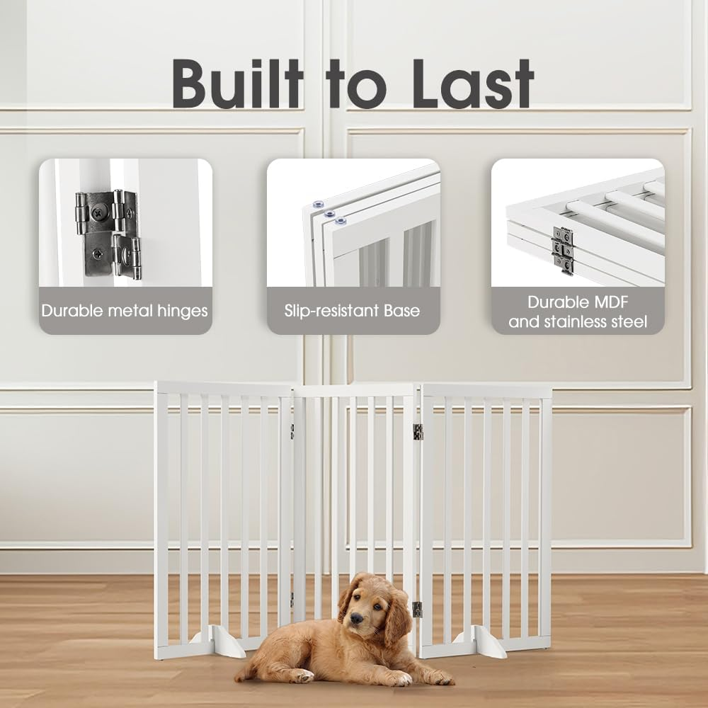 Petzly Foldable Dog Gate with Support Feet, Freestanding Pet Gate for Puppy Small Medium Dogs, Dog Fence for House Stairs Doorway Bedrooms, No Drill Pet Barrier, 3 Panels Fence, White - 141CM X 80CM image number 4