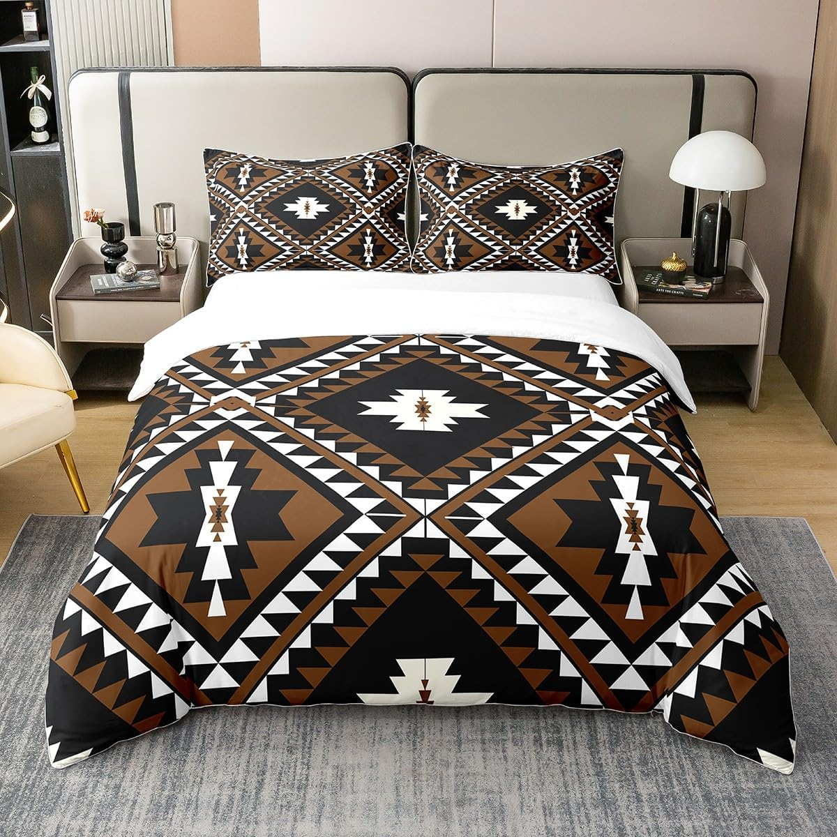 100% Cotton Rustic Western Bed Linen Set, Bohemian Southwestern Aztec Comforter Duvet Cover, Ethnic Mexican Style, Geometric Diamond Quilt Cover, Brown, Black, White, Room Decor, 135 X 200 Cm image number 1