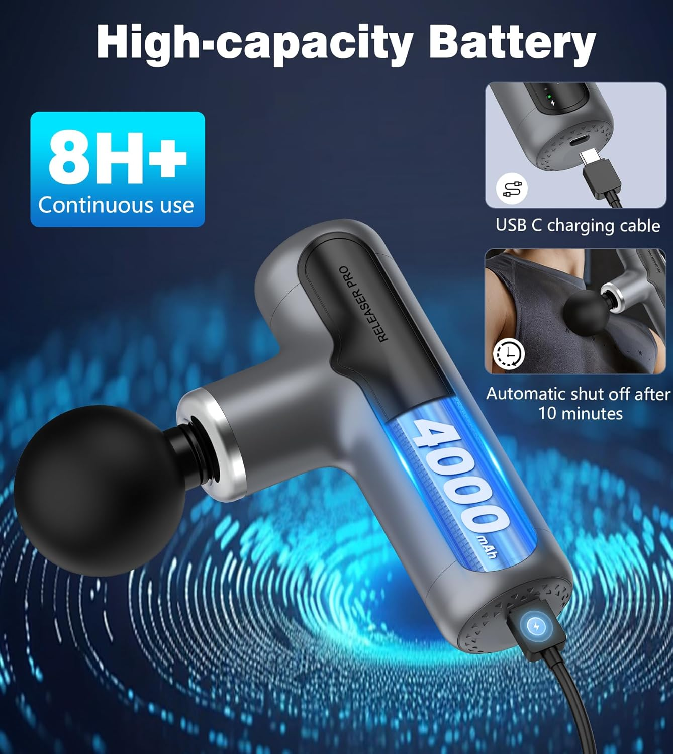 XXZU Mini Massage Gun 4000Mah Massager with 4 Massage Heads 7 Gears, Portable Massager Gun Suitable for Shoulder, Neck, Back, Legs Muscle Tissue to Relax and Relieve, Gray image number 4