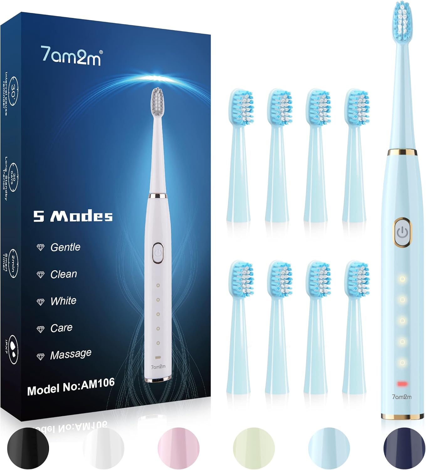 7AM2M Sonic Electric Toothbrush for Adults and Kids- High Power Rechargeable Toothbrushes with 8 Brush Heads,5 Adjustable Modes, Built-In 2-Minute Smart Timer,4 Hours Fast Charge for 30 Days (Blue)