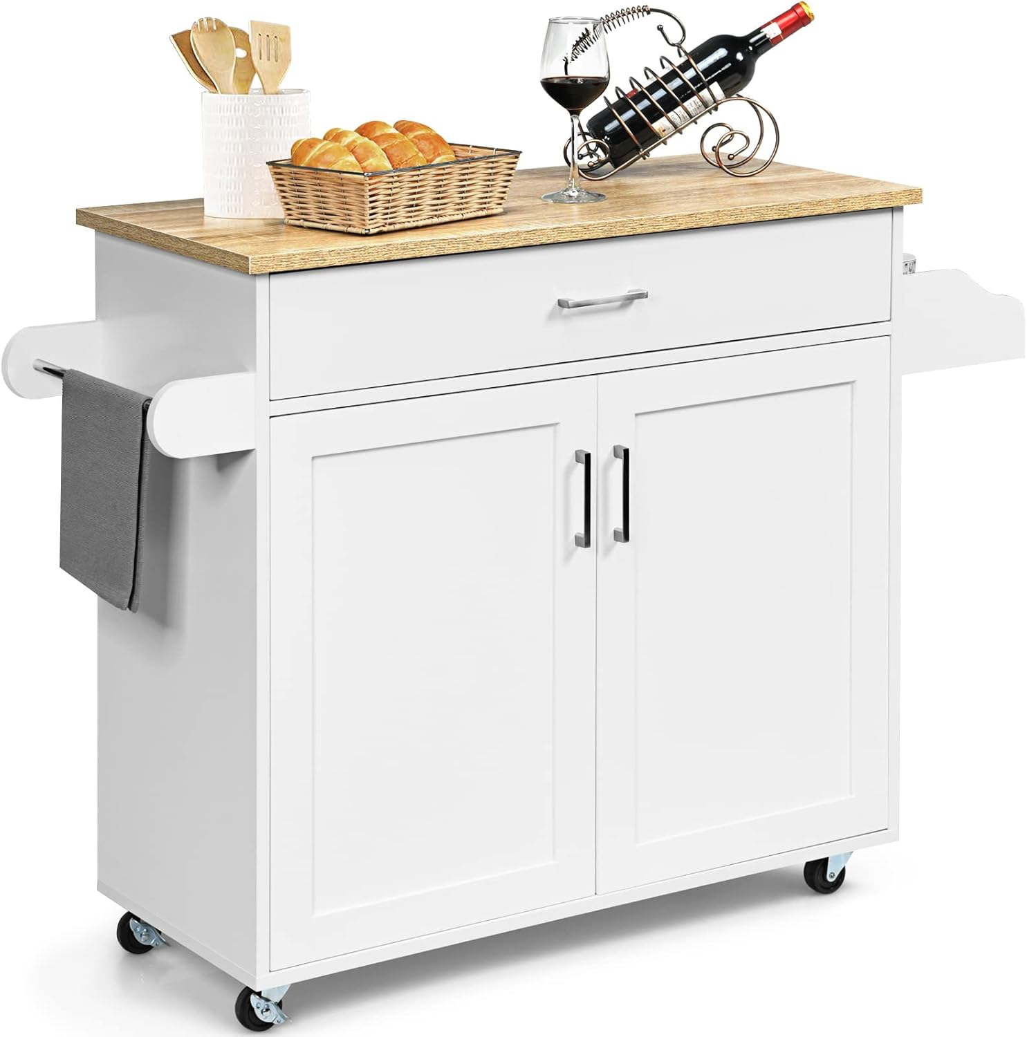 Costway Rolling Kitchen Island Cart with Storage, Serving Trolley Cart with Towel Rack, 3-Level Adjustable Shelf & Lockable Wheels, Mobile Island Table, Organizer Furniture (Grey)