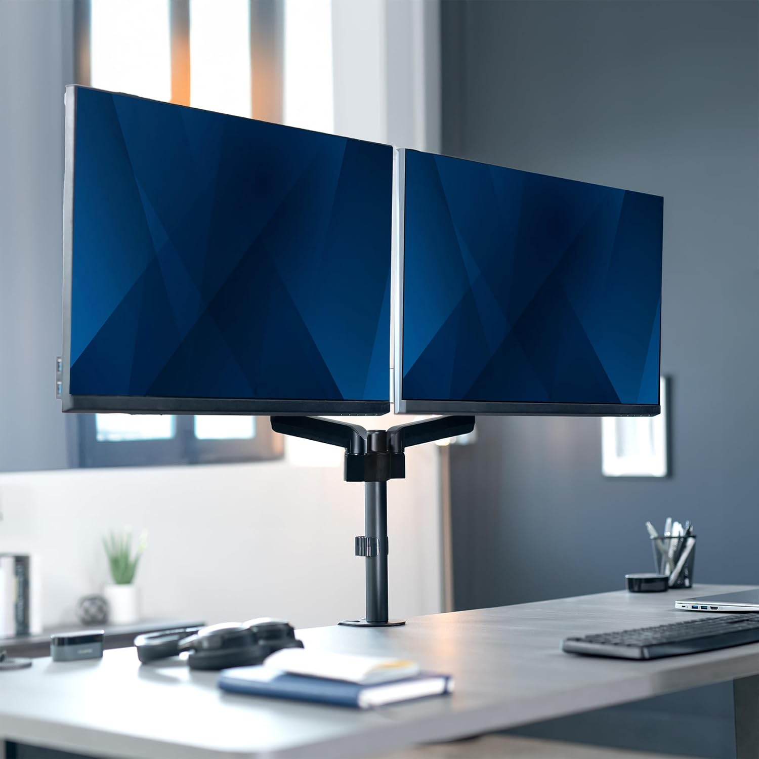 VIVO Dual Arm Computer Monitor Desk Mount with Pneumatic Height Adjustment, Full Articulation, Vesa Stand with C-Clamp and Grommet, Holds 2 Screens up to 32 Inches (Stand-V002K) image number 2