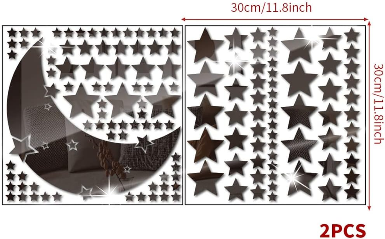 Moon and Stars Mirror Wall Stickers, Removable Acrylic Crescent and 146 PCS Stars Decals, 3D Art Wall Decoration for Baby Kid Bedroom Living Room Ceiling (Blue)