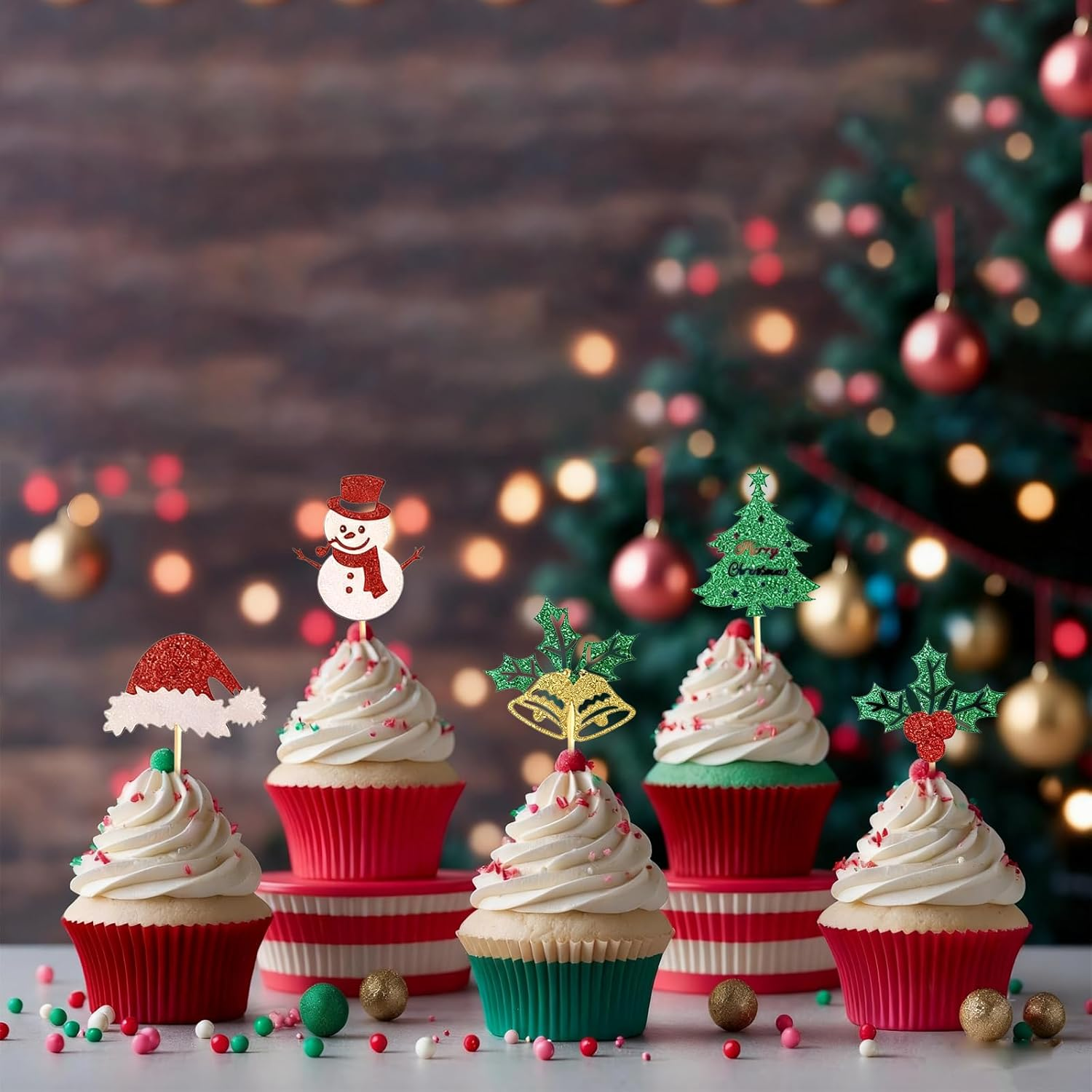 60Pcs Merry Christmas Cupcake Toppers, Glitter Christmas Eve Xmas Cupcake Picks Christmas Tree Cupcake Toppers for Christmas Theme New Year Holiday Party Cake Decorations,Mix Style
