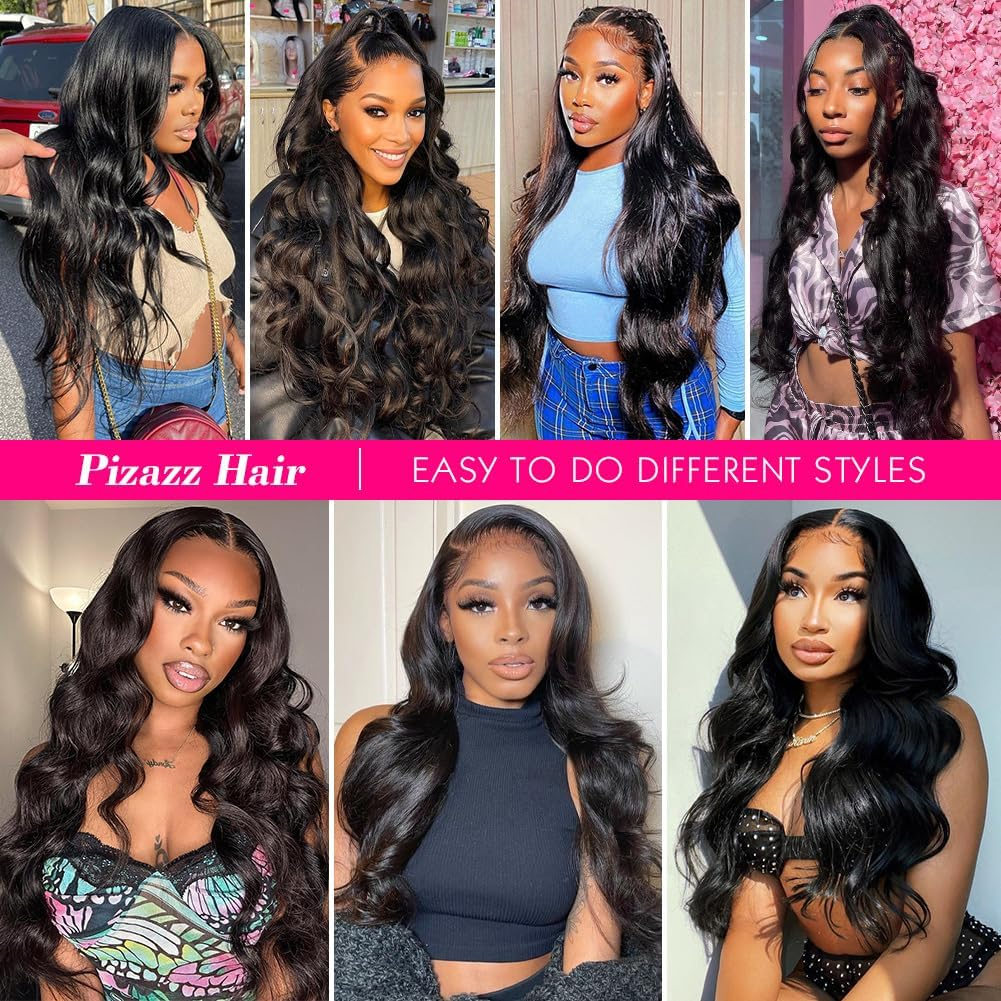Pizazz 13X6 Body Wave Transparent Lace Front Wigs Human Hair Pre Plucked 180 Density HD Lace Frontal 9A Glueless Wigs with Baby Hair for Women 26Inch - Natural Black Color image number 5