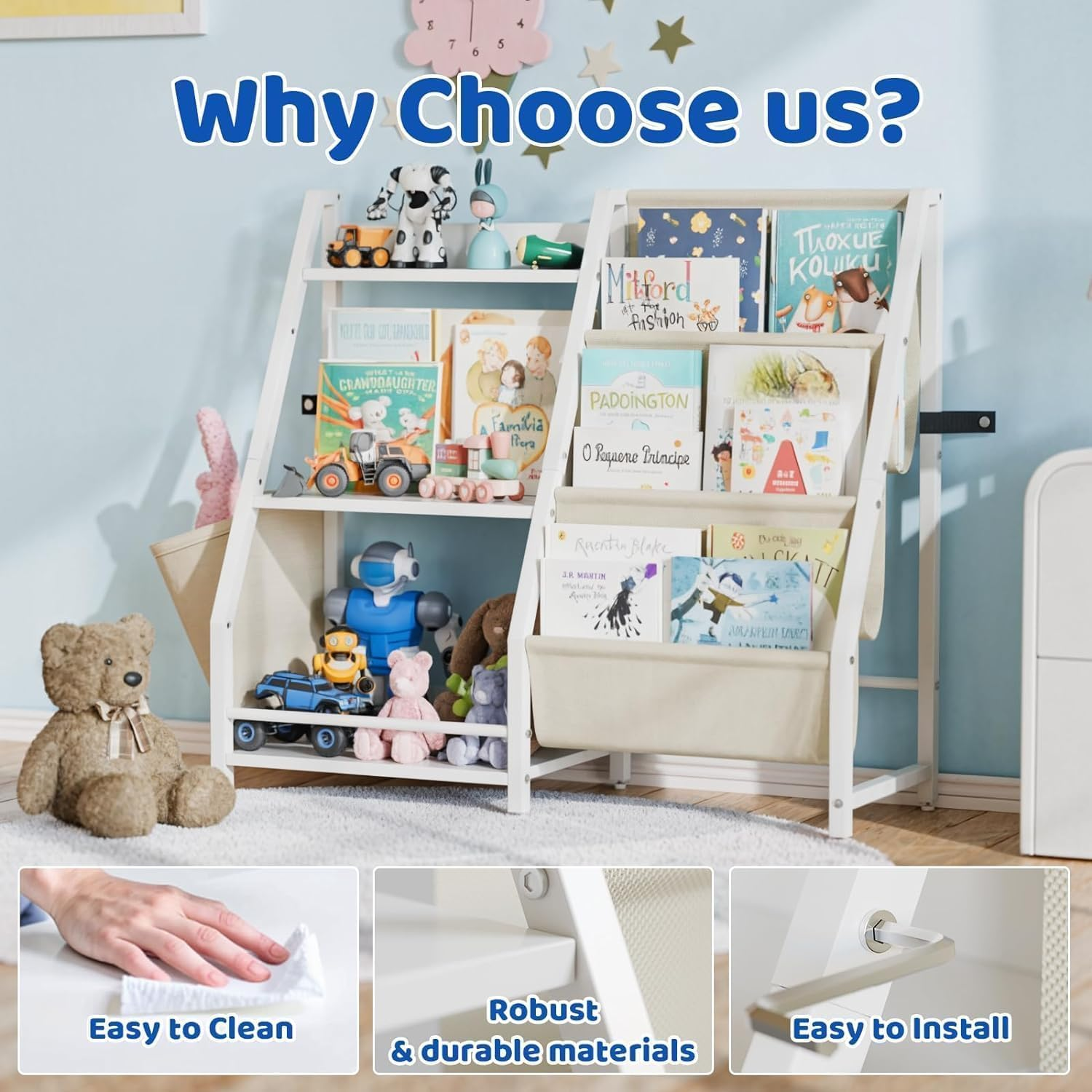 Uandhome Kids Bookshelf and Toy Storage Organizer Montessori Toddler Bookcase Book Sling Shelf for Kids Rooms, Nursery Book Shelves,Bookshelf Storage Shelf Display Includes Extra Side Pockets (S) image number 6