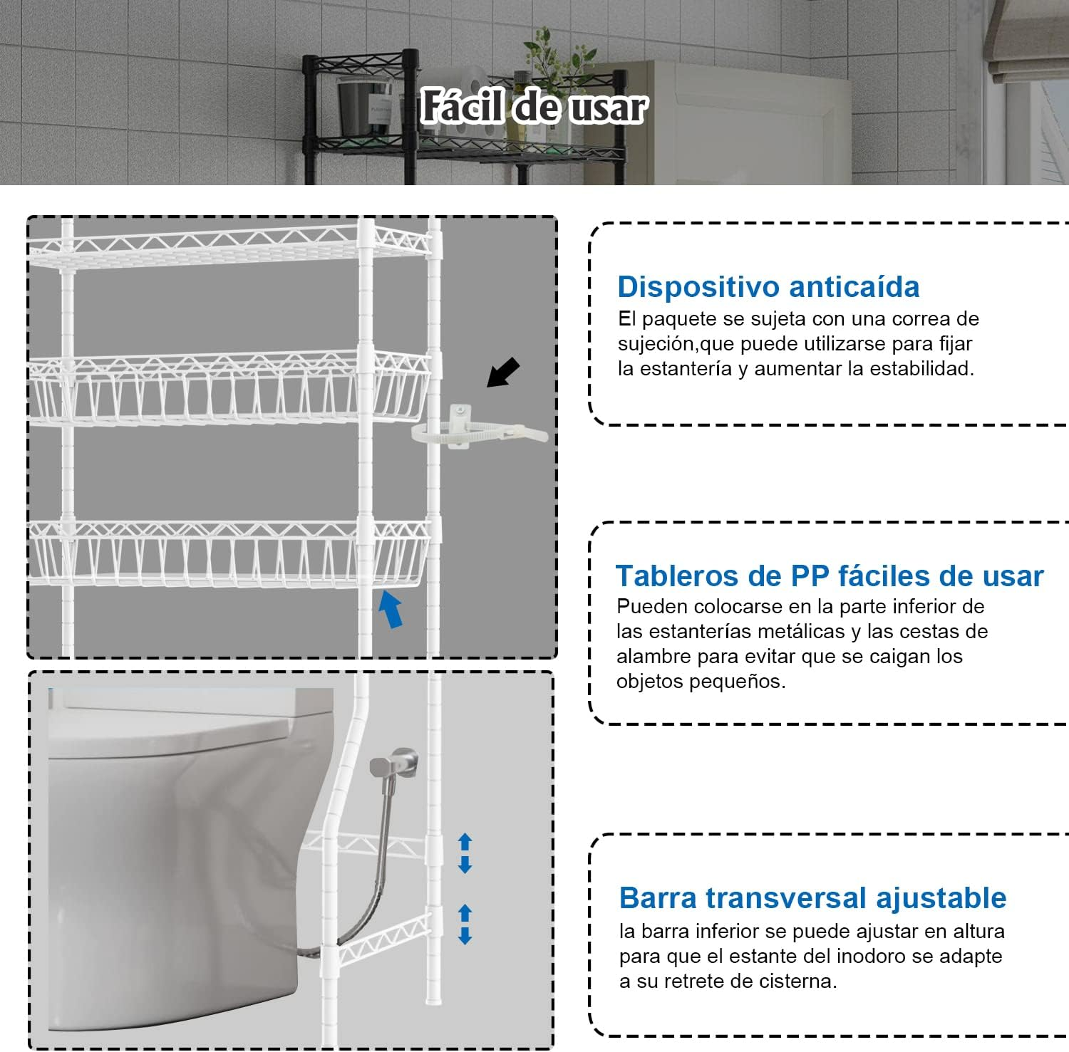 Fuyoula 3 Tier over the Toilet Storage Rack Bathroom Storage Shelf Space Saver Stand above Toilet Wire Shelves Metal Bathroom Organizer Shelf with Adjustable Shelves and Baskets (White)