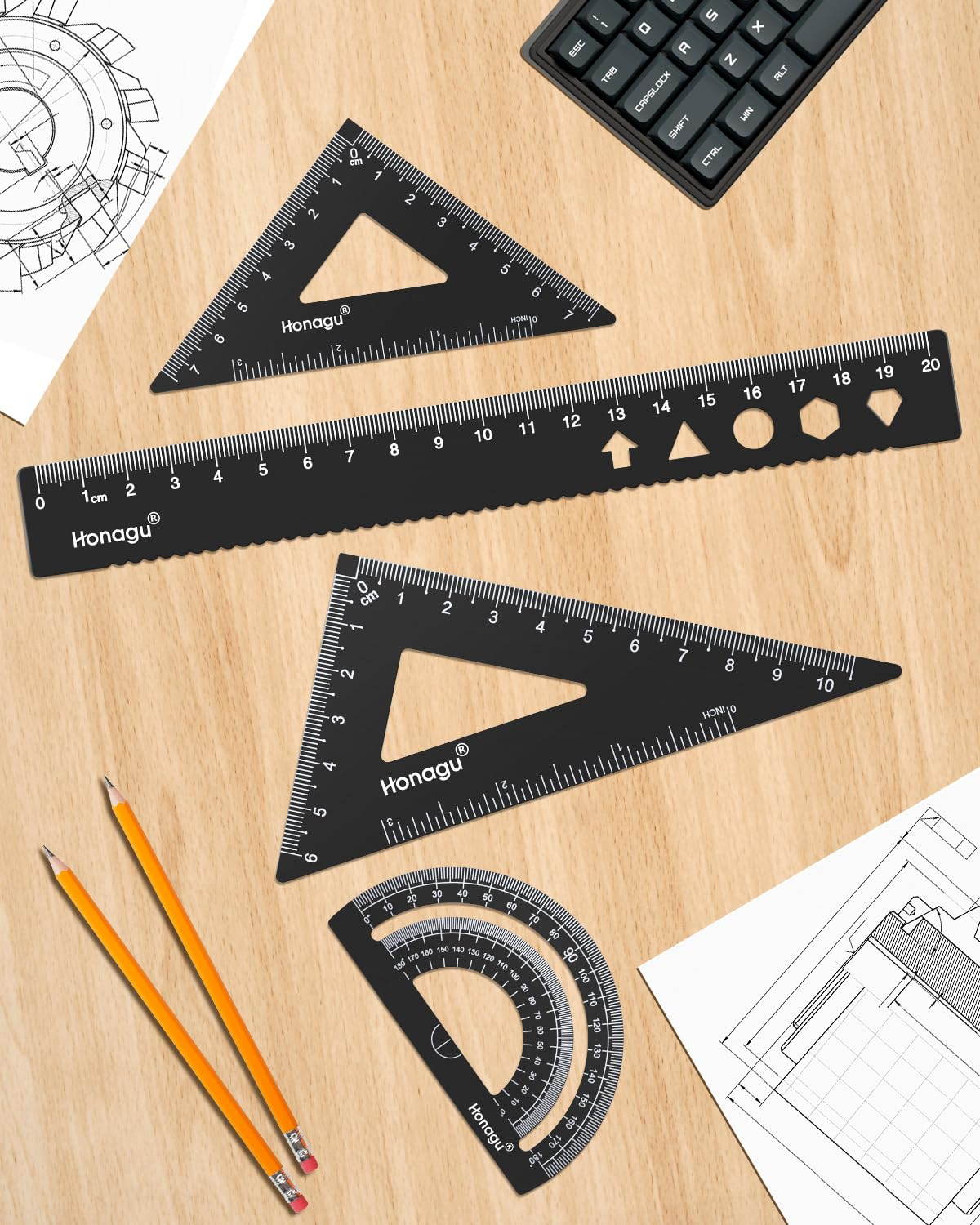 Honagu Triangular Ruler Set, 4 Pieces Aluminum Alloy Ruler, Metal Drafting Ruler, Geometric Protractor for Student,Draftsman, Engineers, Home School Office Supplies(20Cm/7.87Inch, Black) image number 2