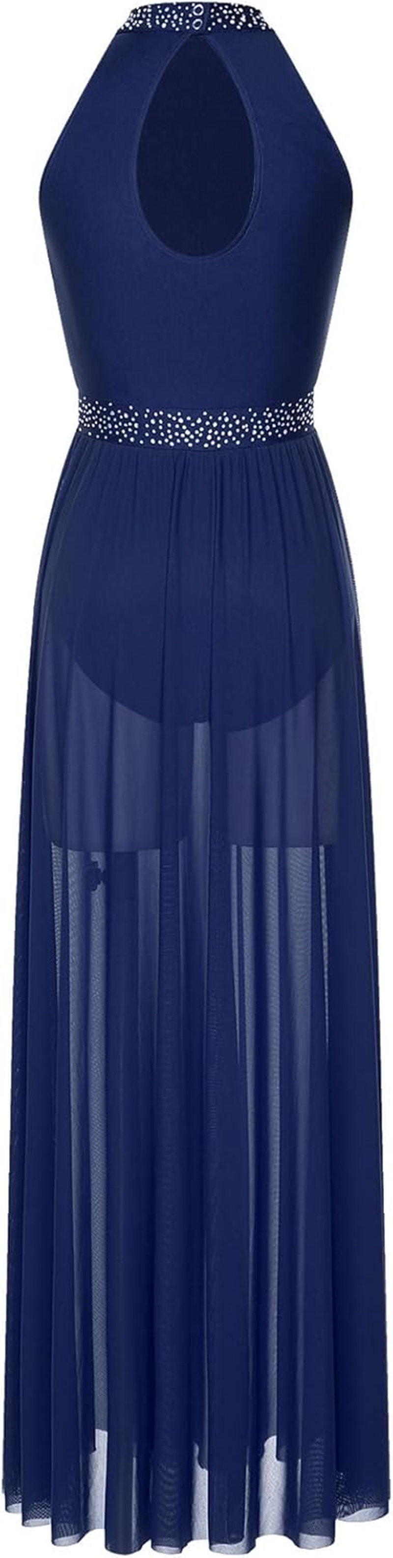 Manyakai Women'S Rhinestones Halter Neck Lyrical Dance Dress Gymnastic Dance Leotard Maxi Dress Flowy Tulle Dress image number 4