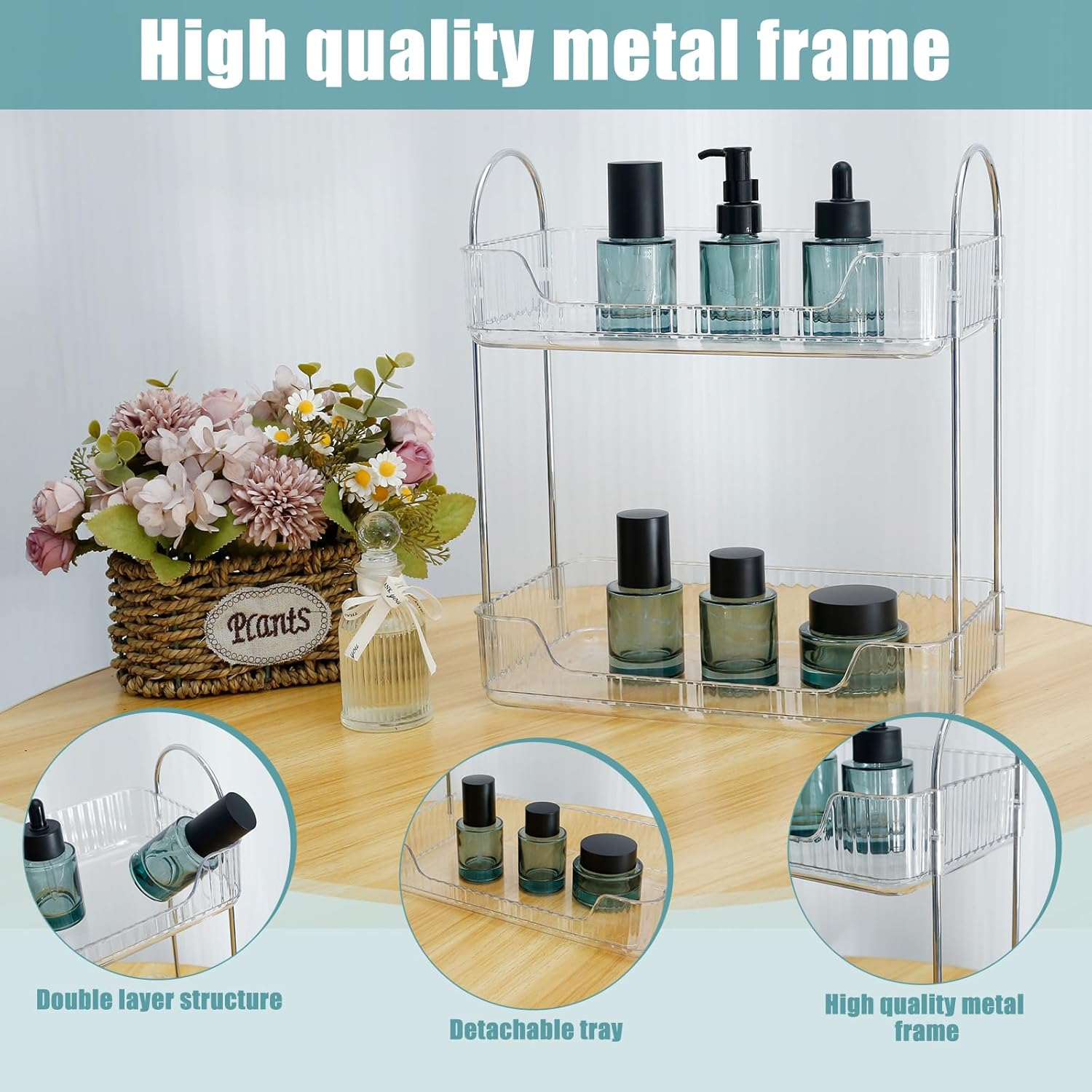 Bathroom Countertop Organizer 2-Tier Vanity Tray Shelf Vanity Counter Skincare Shelf Organizer with Detachable Tray Kitchen Counter Standing Rack Bathroom Countertop Storage Organizer (Clear White) - Clear White image number 4