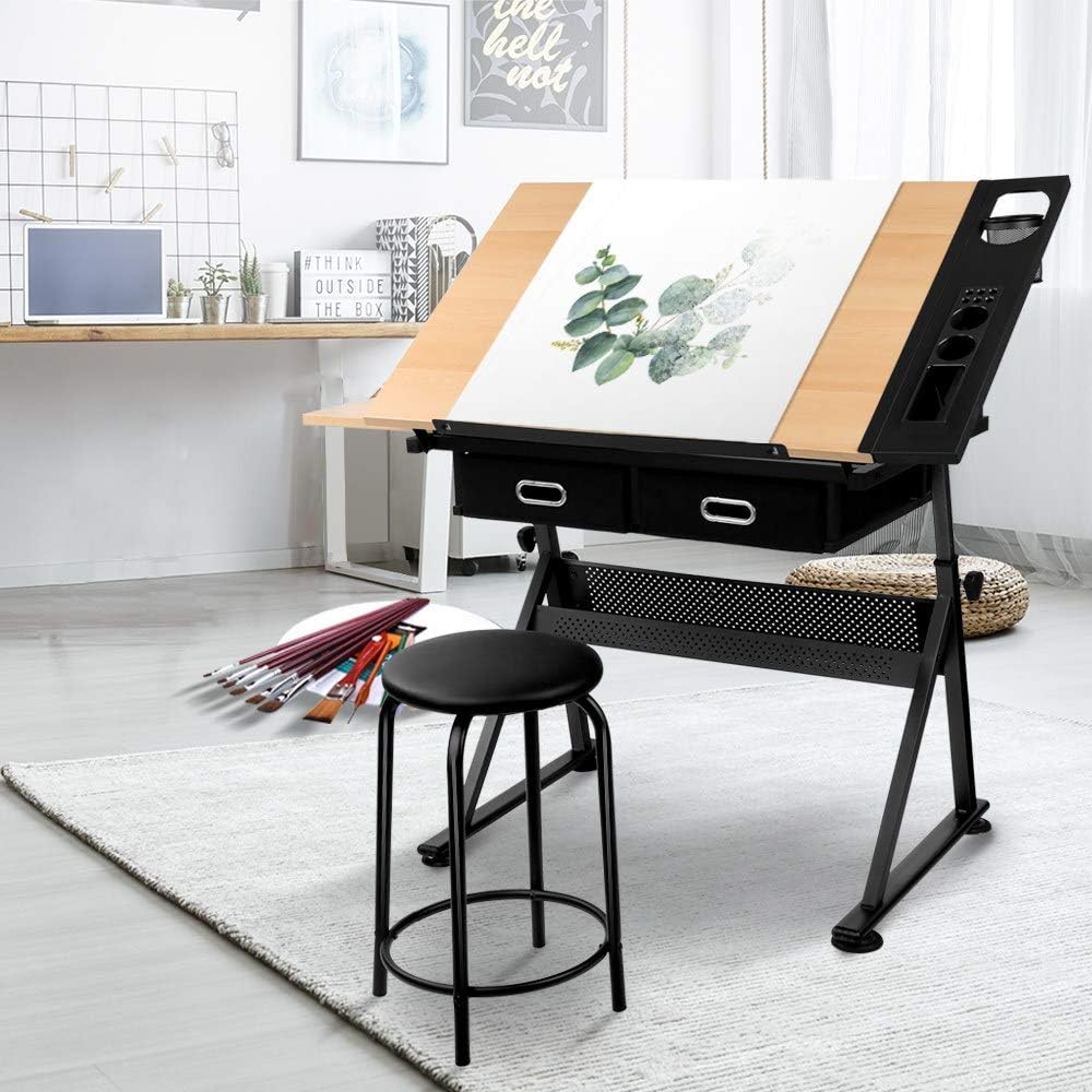 Drawing Table Stool Set Artiss Ajustable Metal Base Art & Craft Drafting Desk Table Art/Workstation with Removable Side Tray Drawers for Student Adults