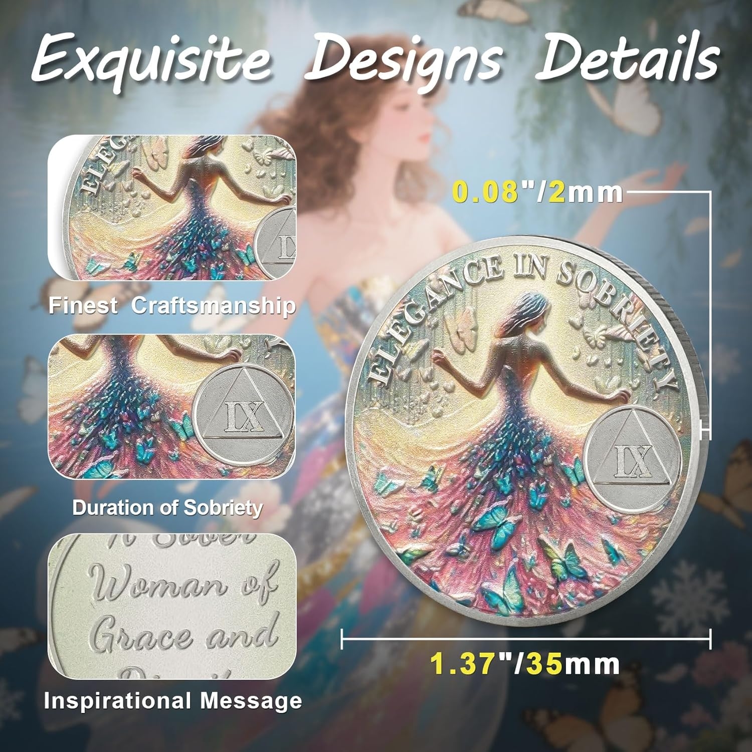ACGZQY 9 Year Elegance Women Sobriety Coin - Colorful Butterfly Sober Woman AA Coins and Medallions Inspirational Recovery Coin Sobriety Chips - New Beginning NA AA Token Sobriety Gifts