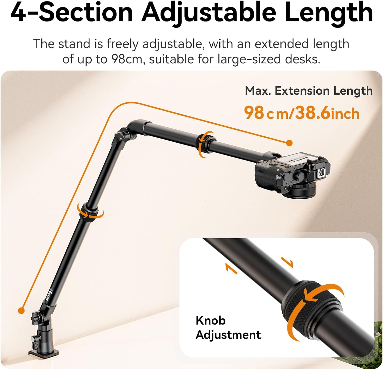 ULANZI ZJ02 Camera Desk Mount Overhead Magic Arm, 98Cm Aluminum Adjustable Webcam Stand with 1/4" Ball Head for Cameras DSLR Lights Mount for Live Streaming/Photo Video Shooting image number 6