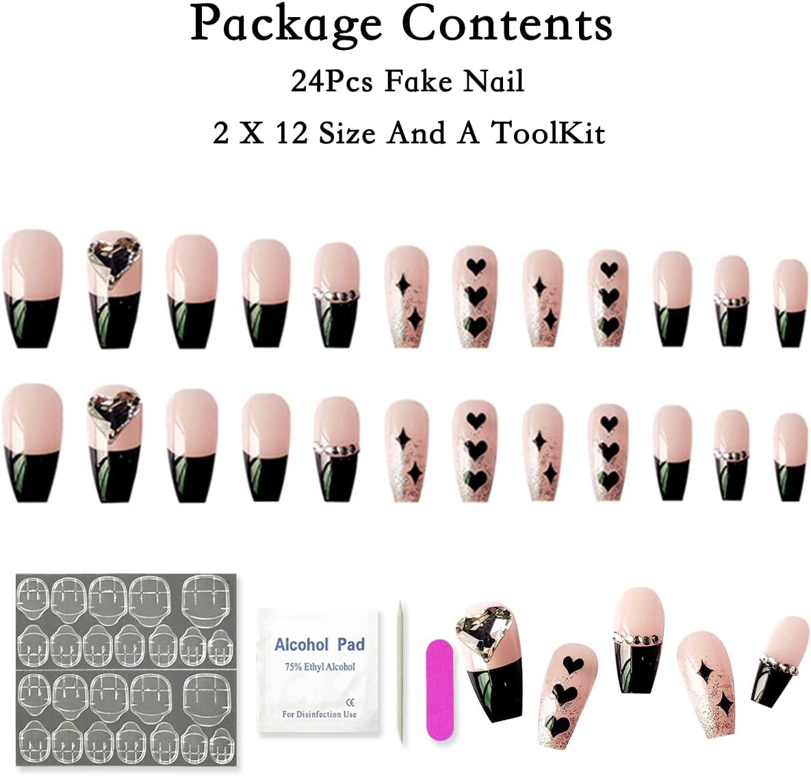 Folmywy Artificial Fake Nails False Fingernail Press on Manicure Coffin Ballerina Natrual Ongles Rhinestones Glossy Women Girls Party Wonderful Gift 24Pcs image number 2