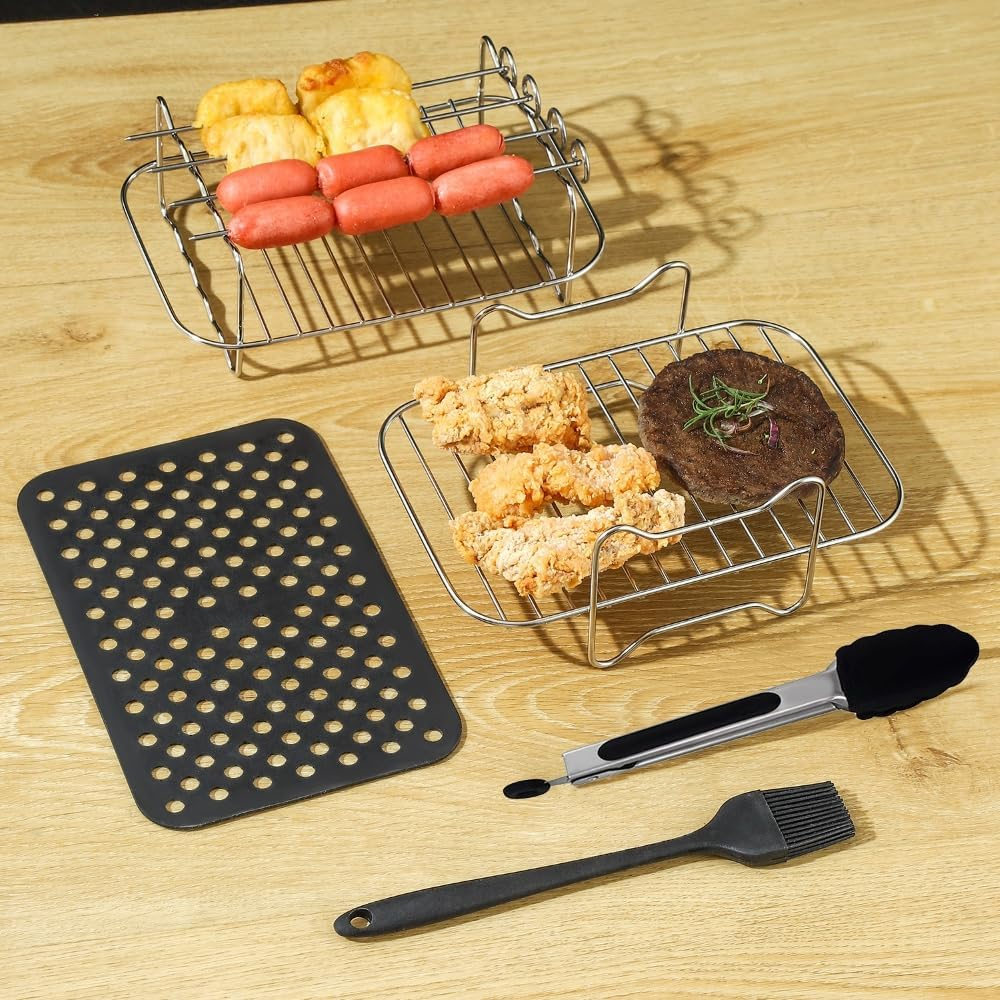 Azragon Ninja Dual Air Fryer (9-In-1), 2 Stainless Steel Racks, Heat-Insulated Clip, Oil Brush, 4 Sausage Skewers, 1 Mat, and Convection Oven Rectangular Shelf. image number 2