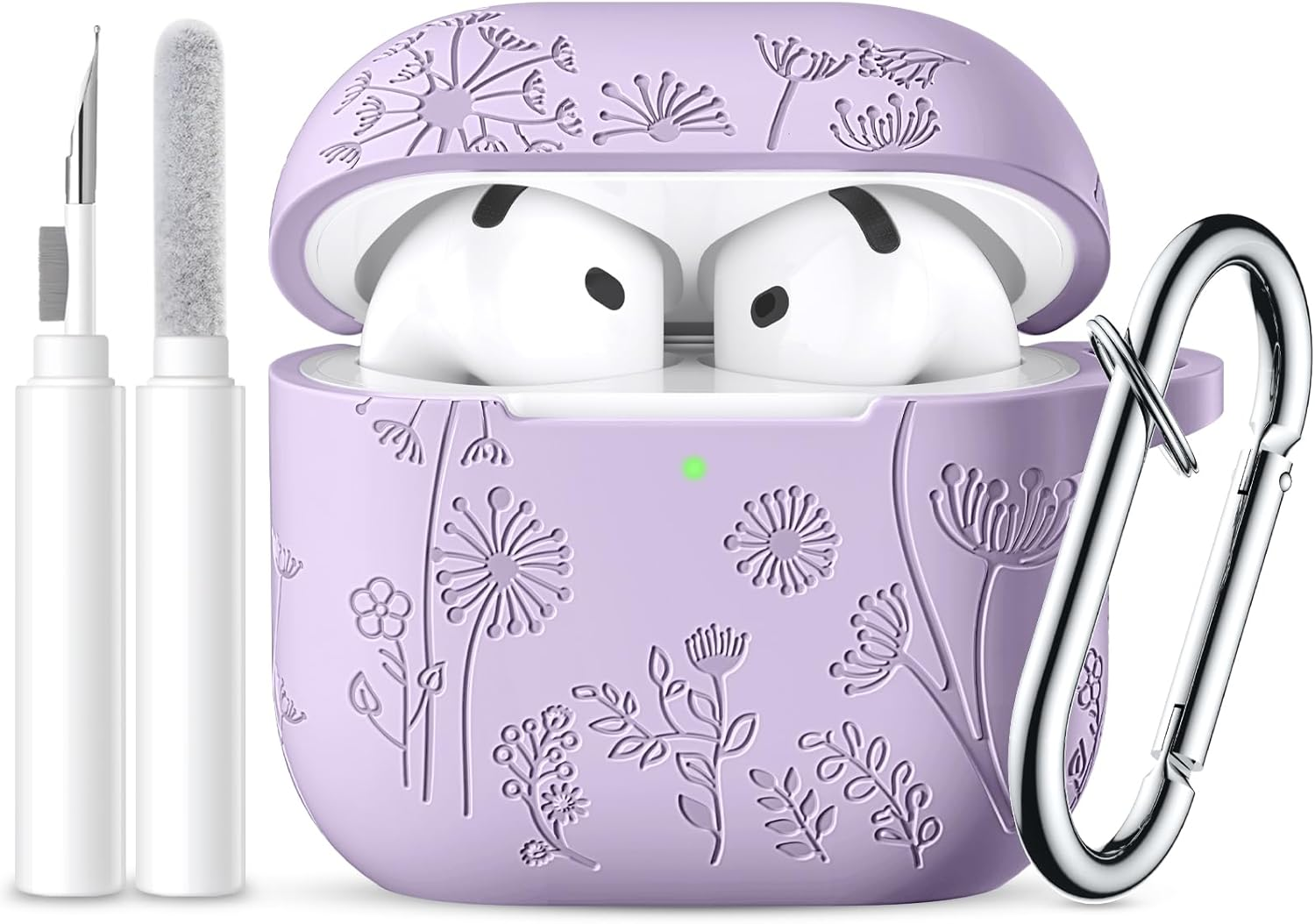 Ouwegaga Compatible with Apple Airpods 4Th Generation Case Cover(2024), Soft Silicone Flower Print Engraved Full Protective Cover for Airpods 4 Case (USB-C) with Keychain for Women Men, Pine Green